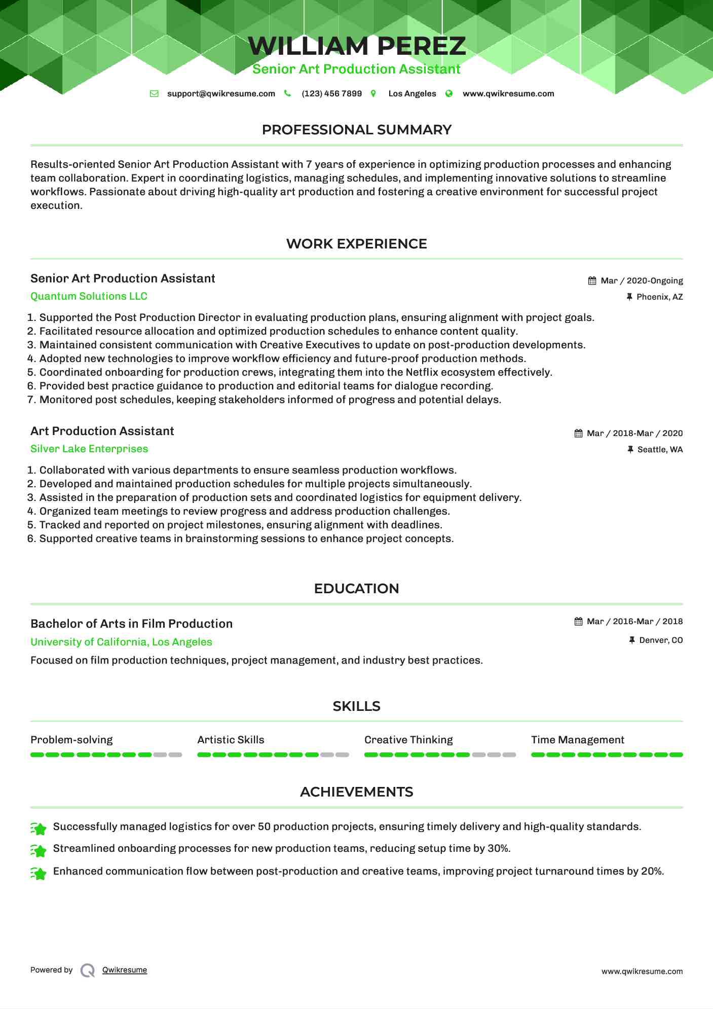 Senior Art Production Assistant Resume Example
