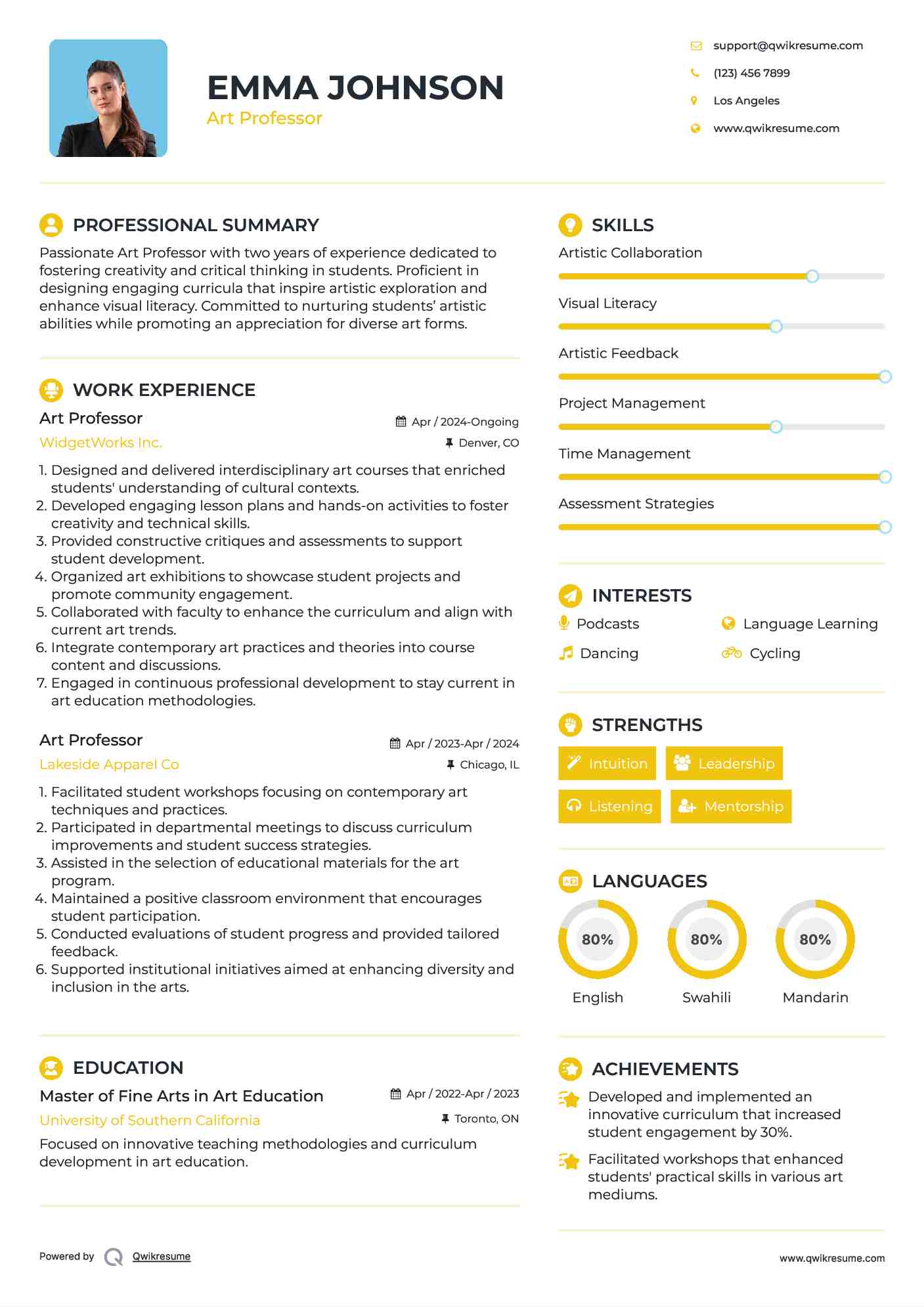 Art Professor Resume Template
