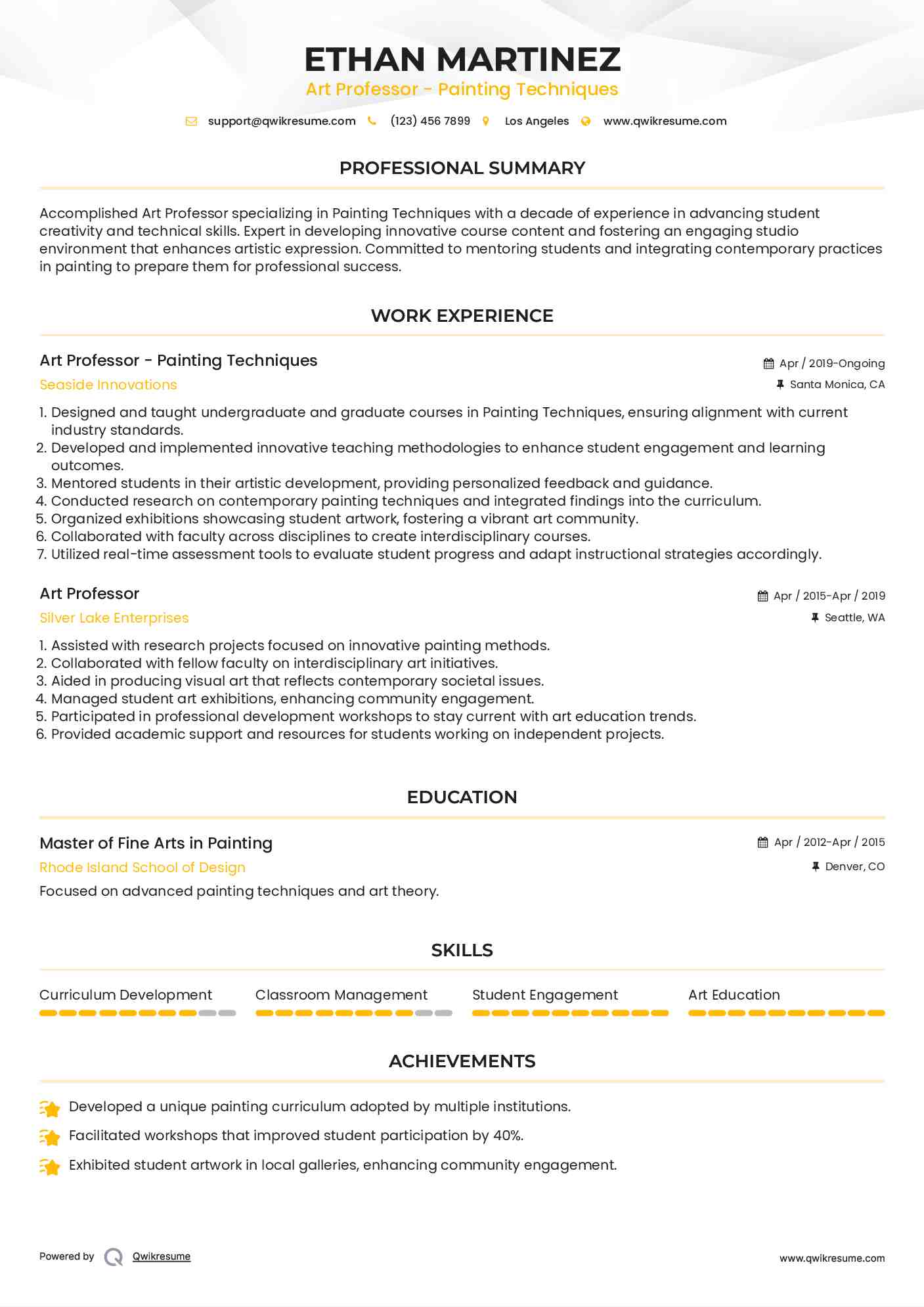 Art Professor - Painting Techniques Resume Example