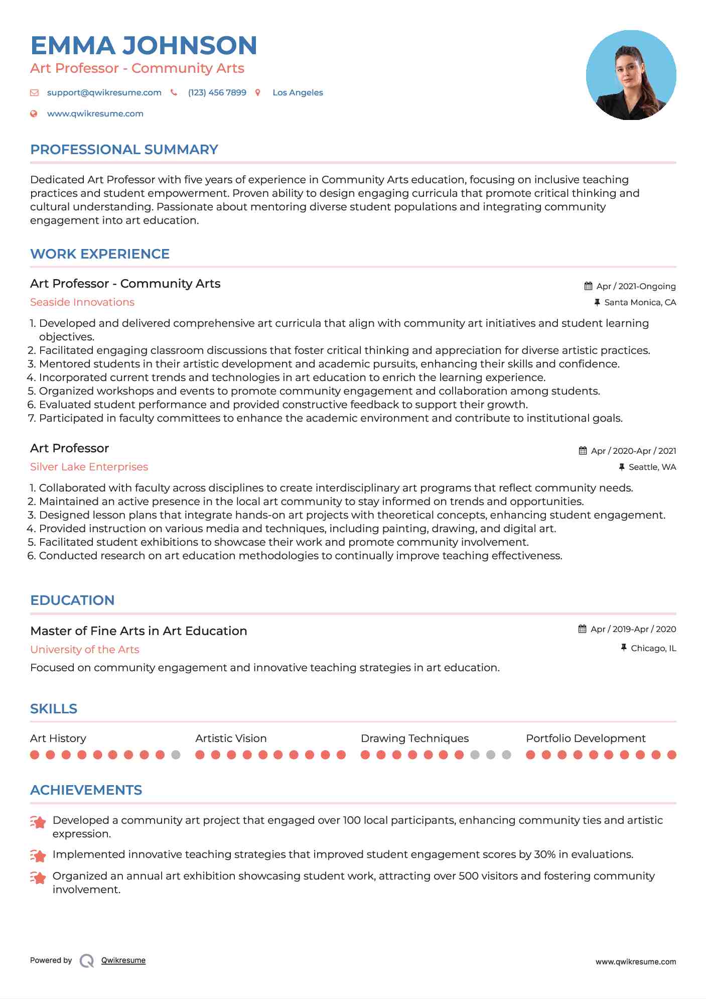 Art Professor - Community Arts Resume Format