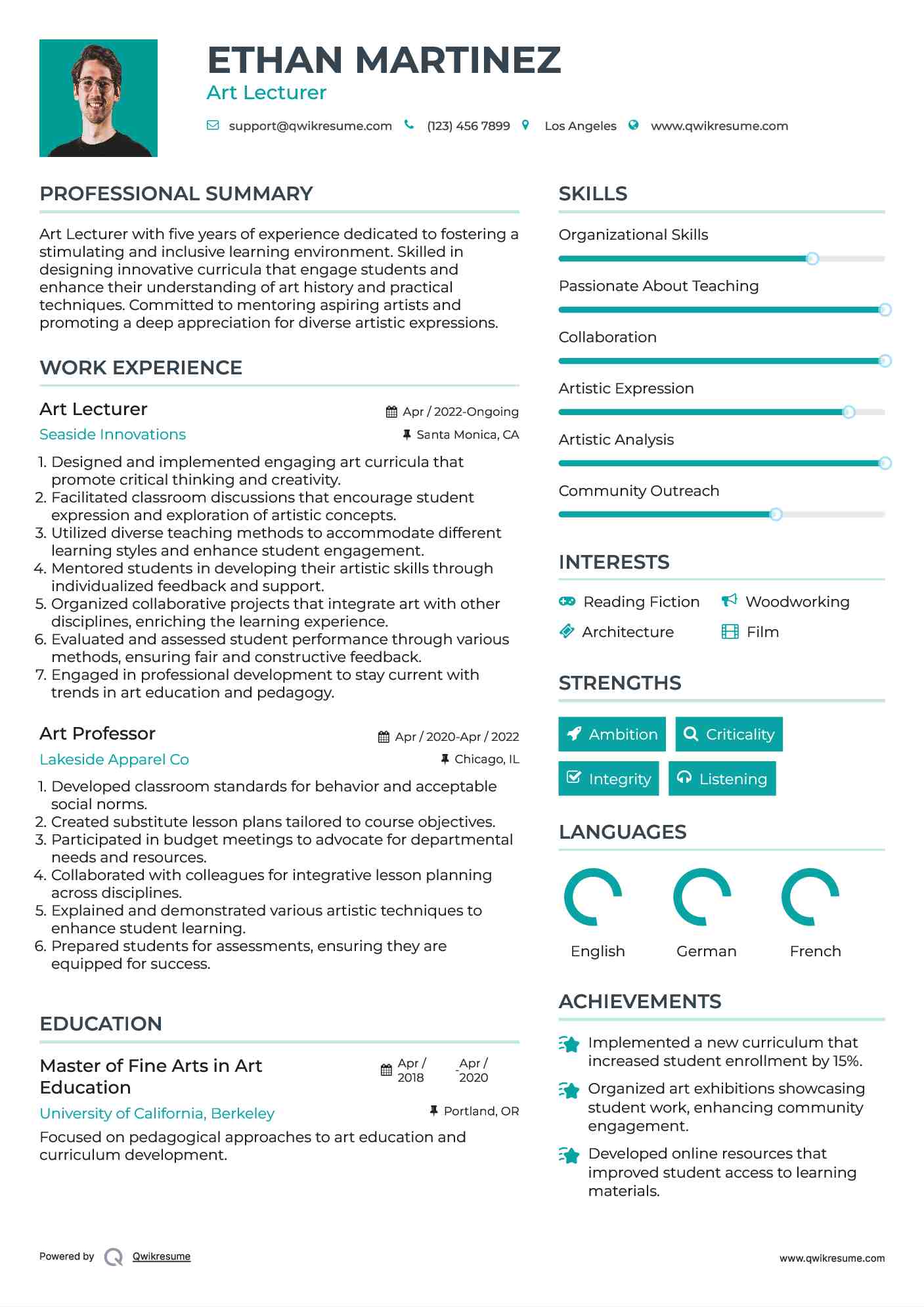 Art Lecturer Resume Template