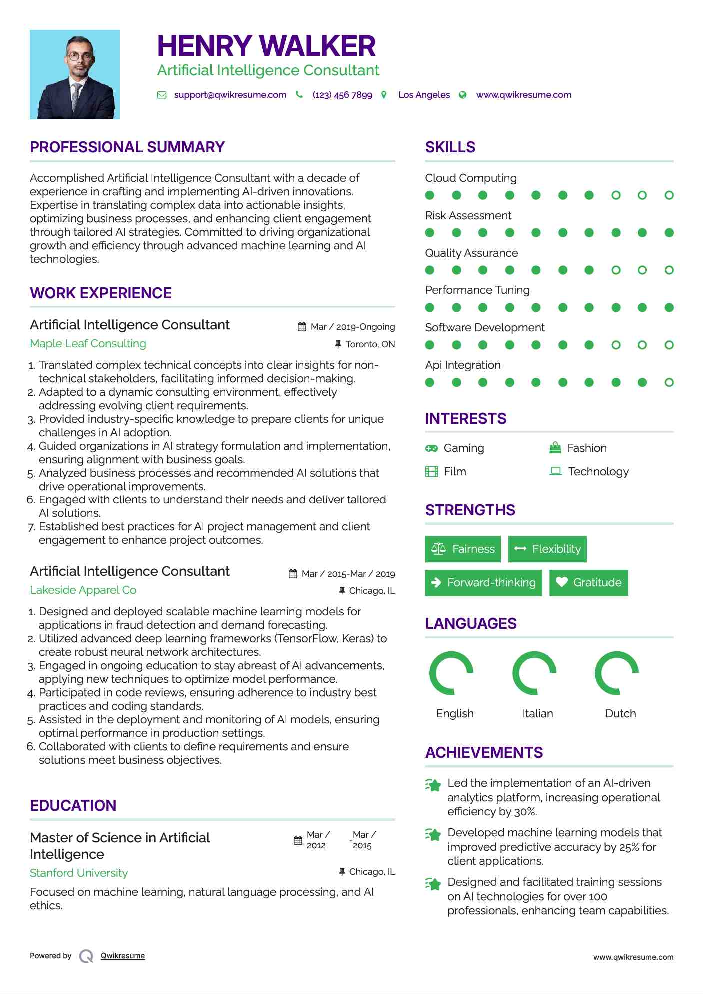 Artificial Intelligence Consultant Resume Model