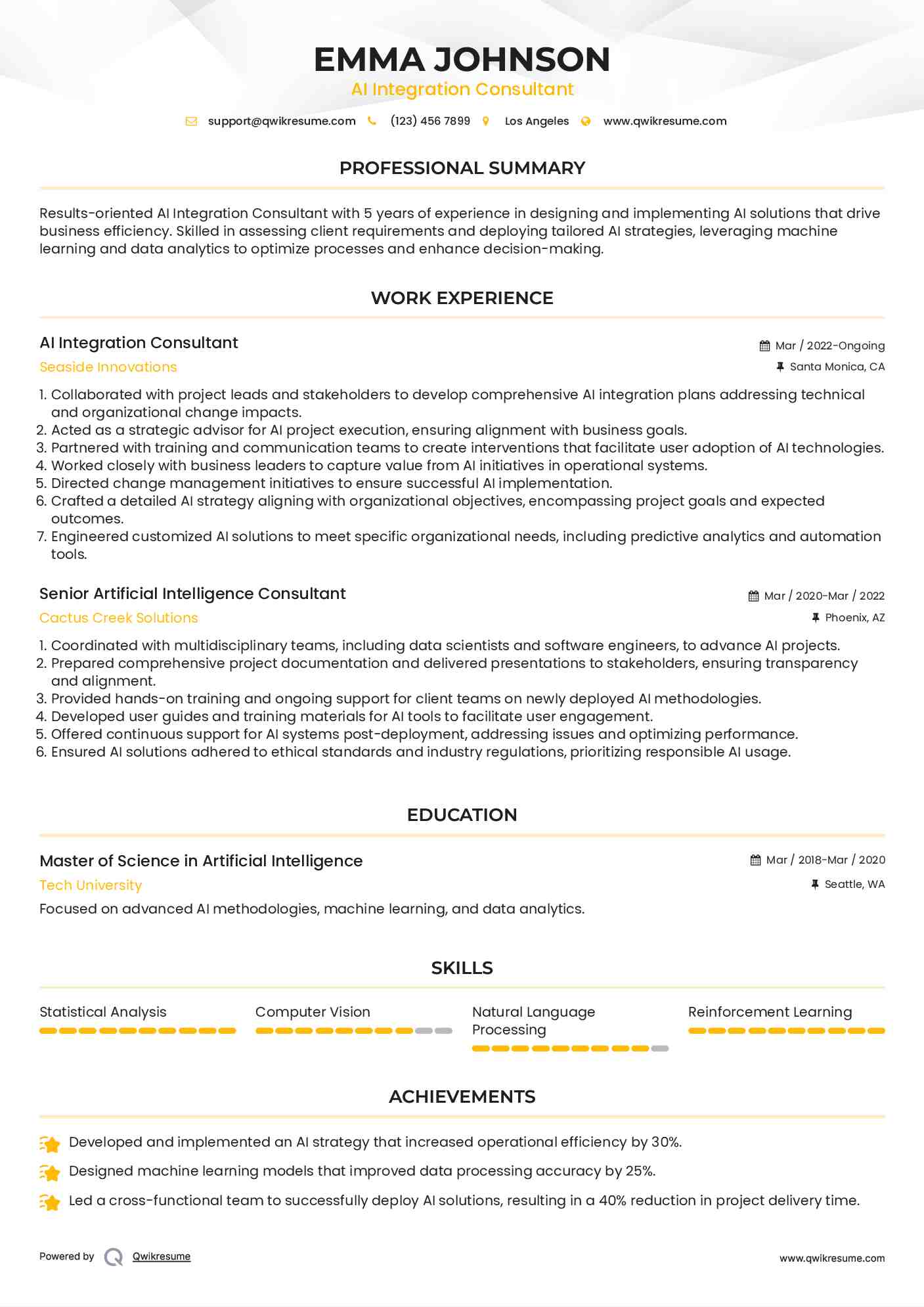 AI Integration Consultant Resume Example
