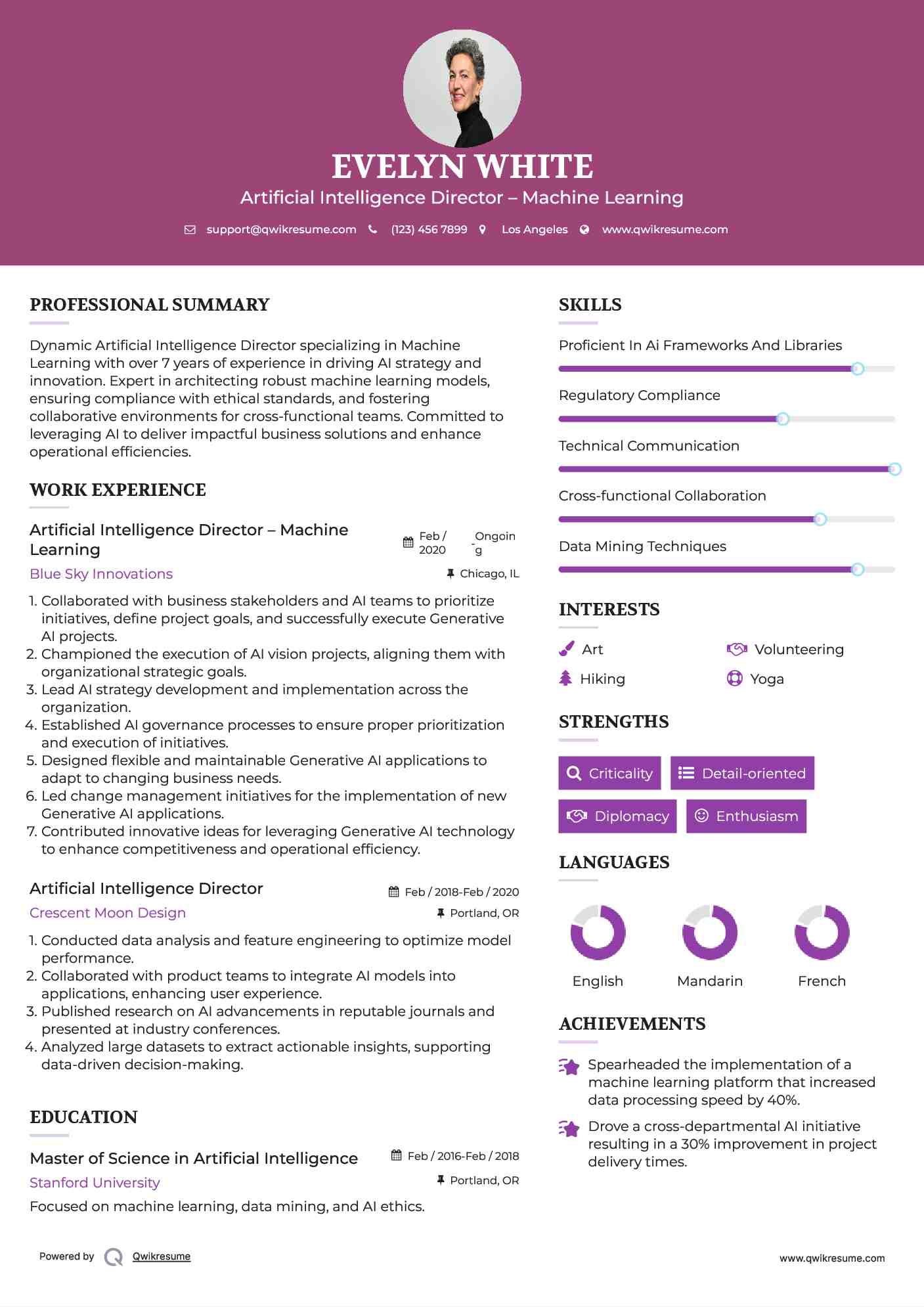 Artificial Intelligence Director – Machine Learning Resume Sample