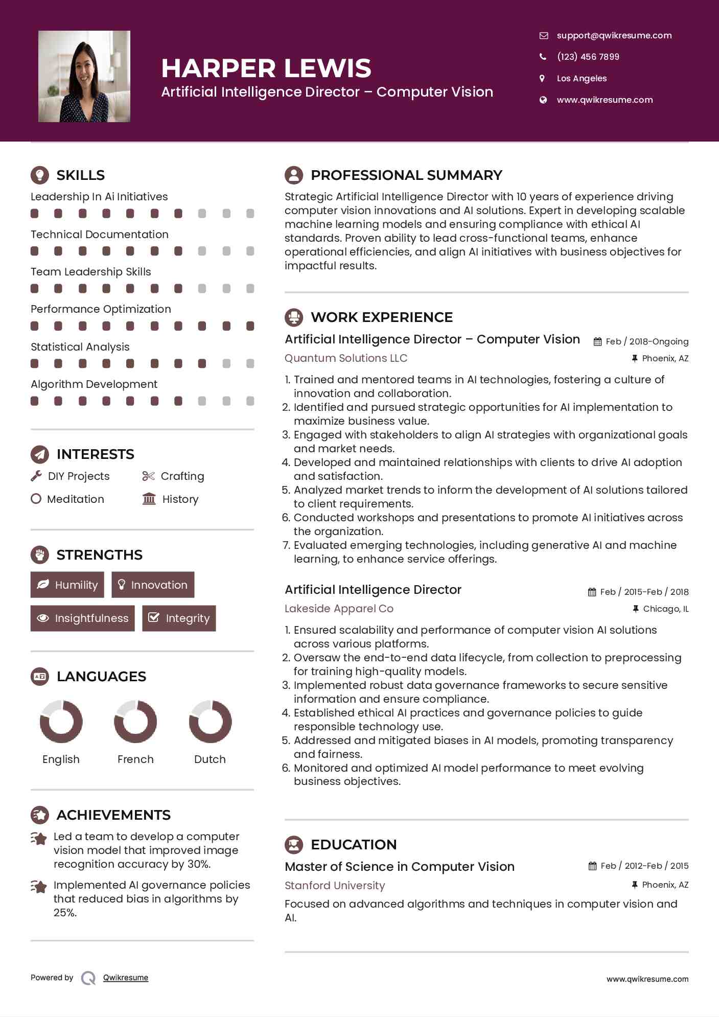 Artificial Intelligence Director – Computer Vision Resume Template