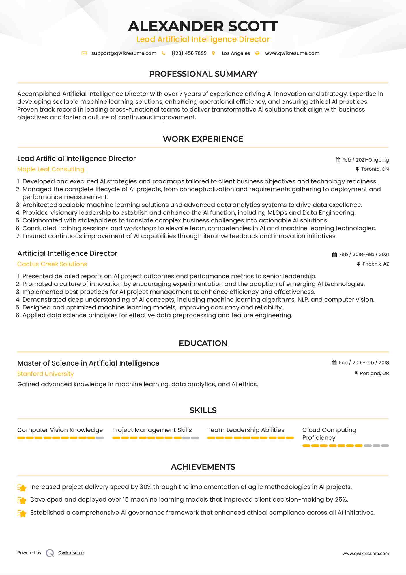 Lead Artificial Intelligence Director Resume Model