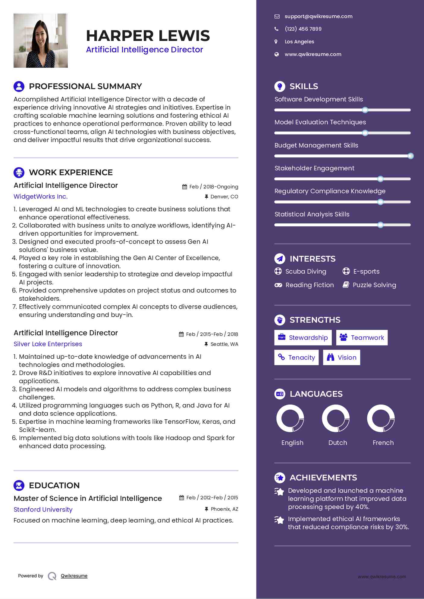 Artificial Intelligence Director Resume Sample