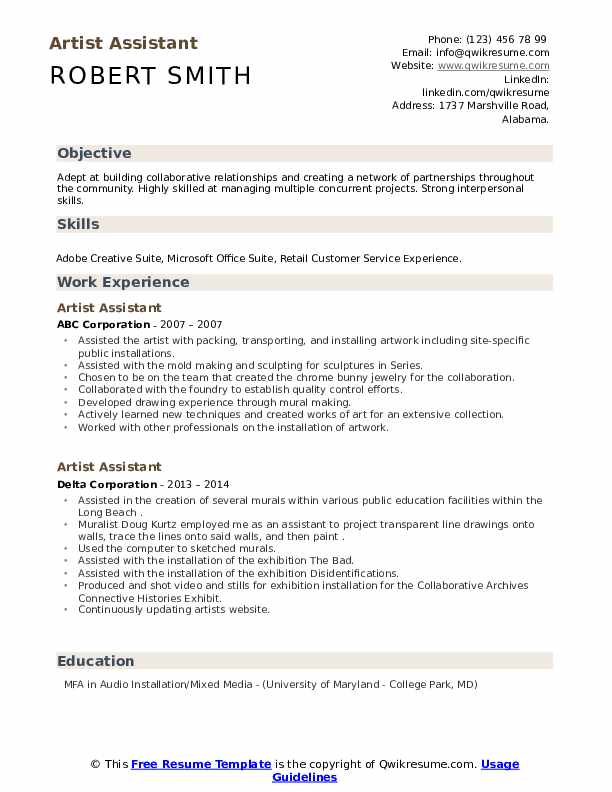 Artist Assistant Resume Samples QwikResume