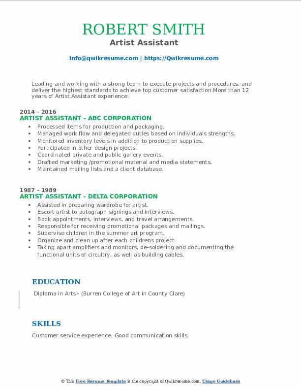 Artist Assistant Resume Samples QwikResume