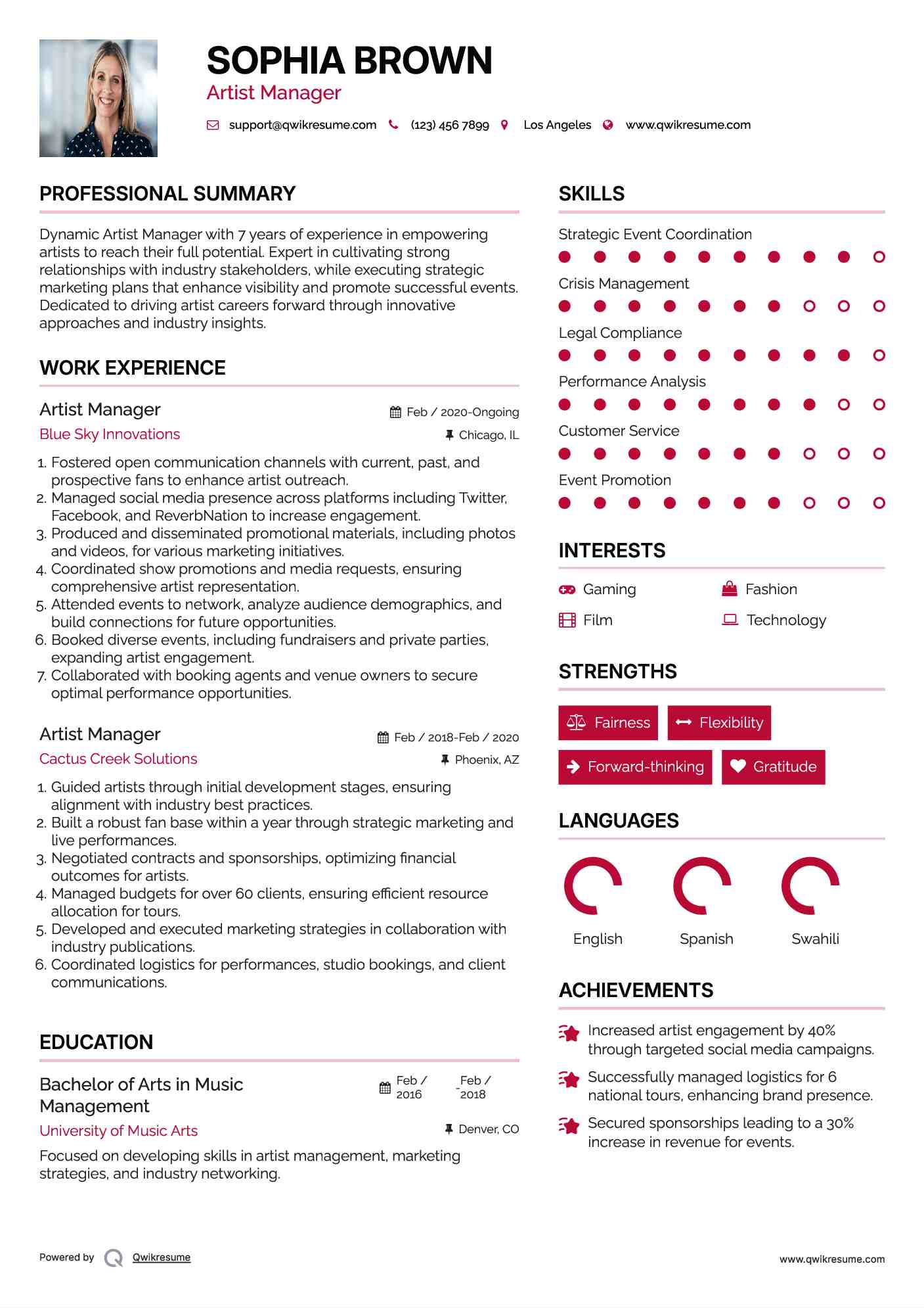 Artist Manager Resume Format