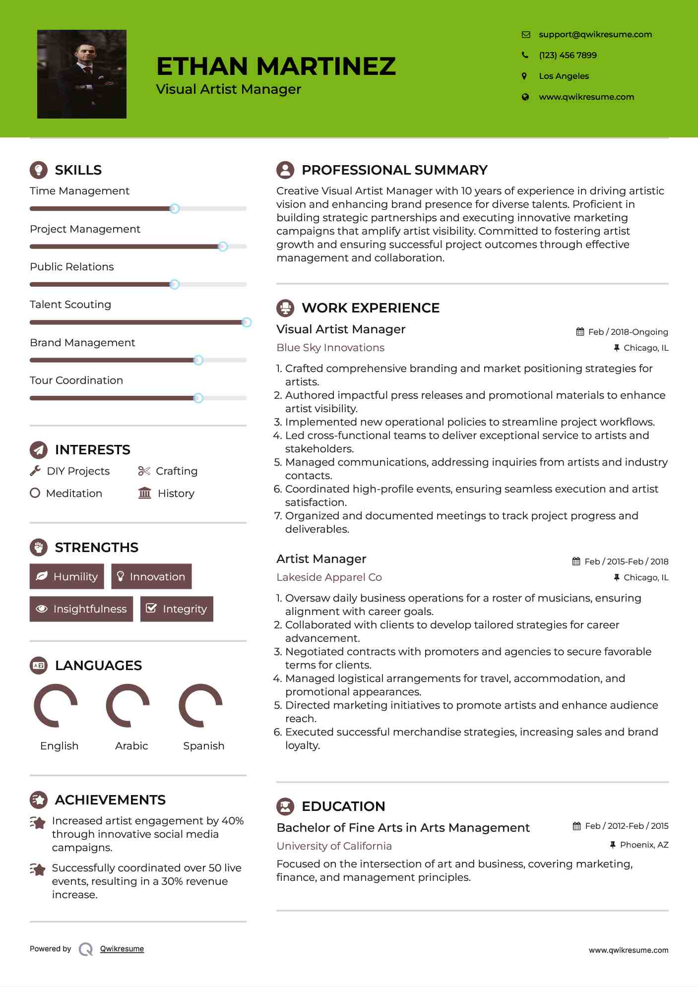 Visual Artist Manager Resume Example
