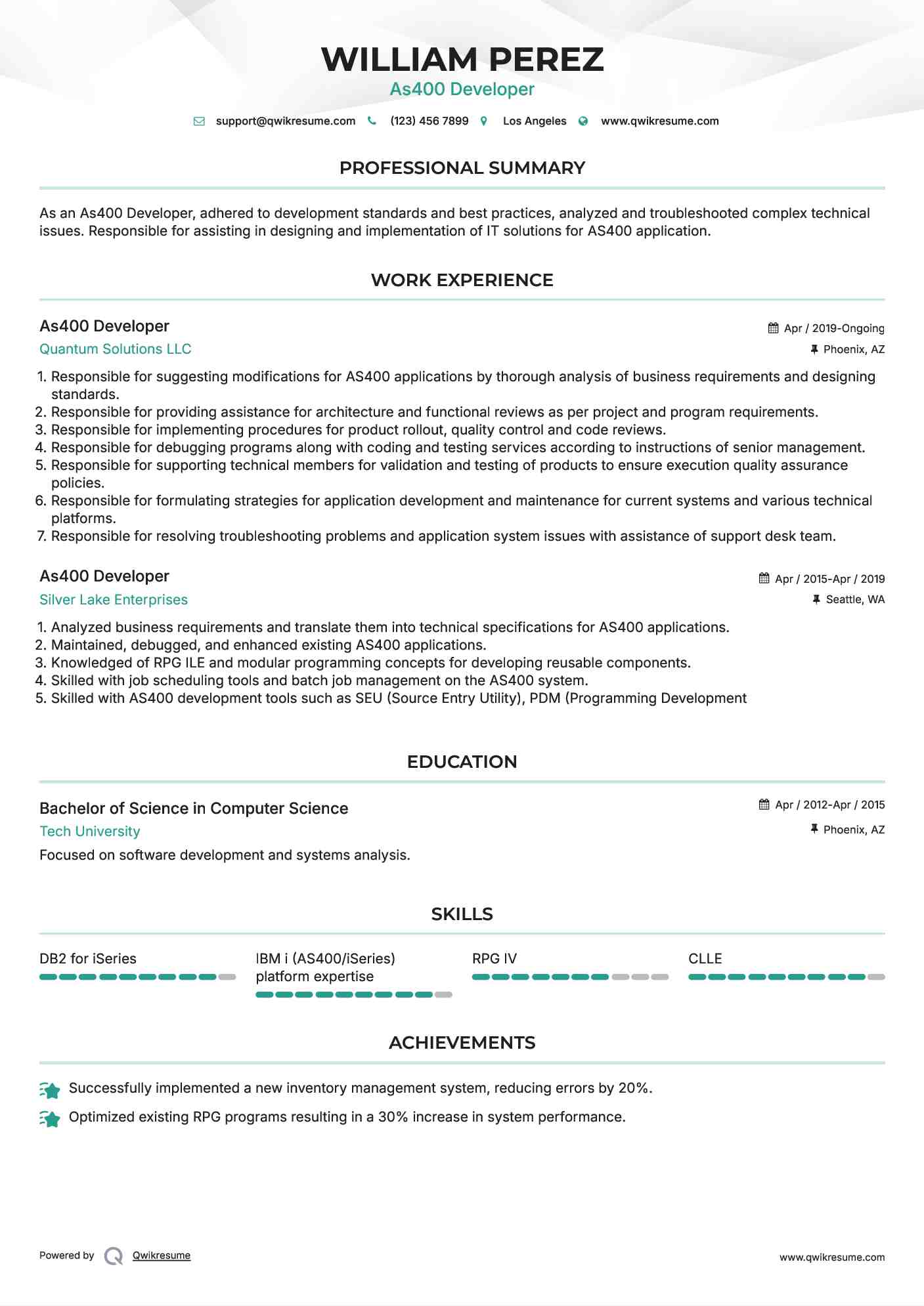 As400 Developer Resume Example