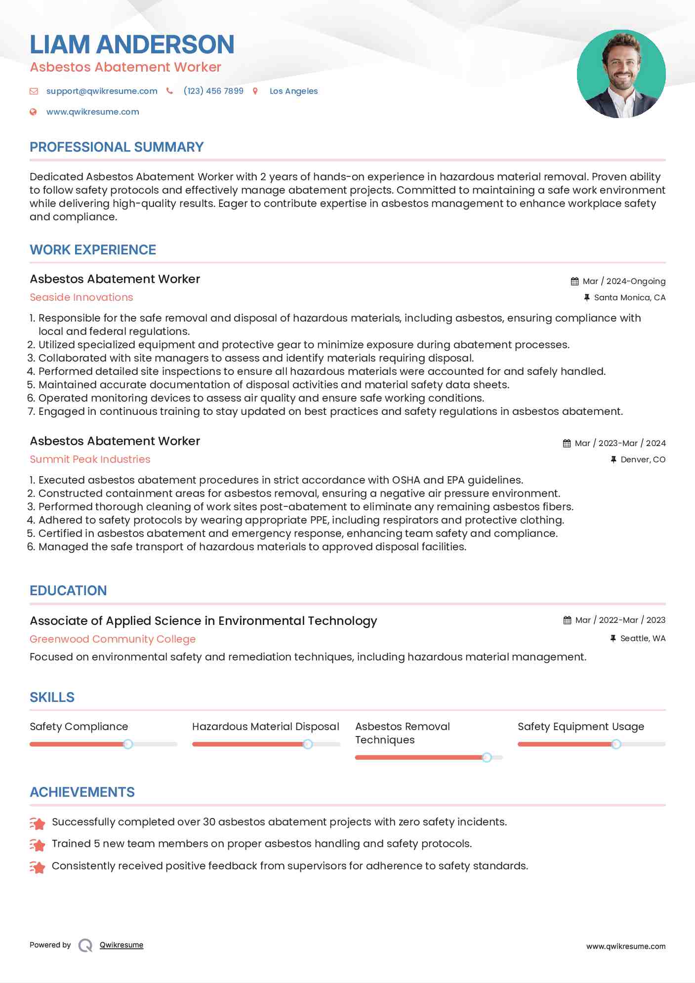 Asbestos Abatement Worker Resume Sample