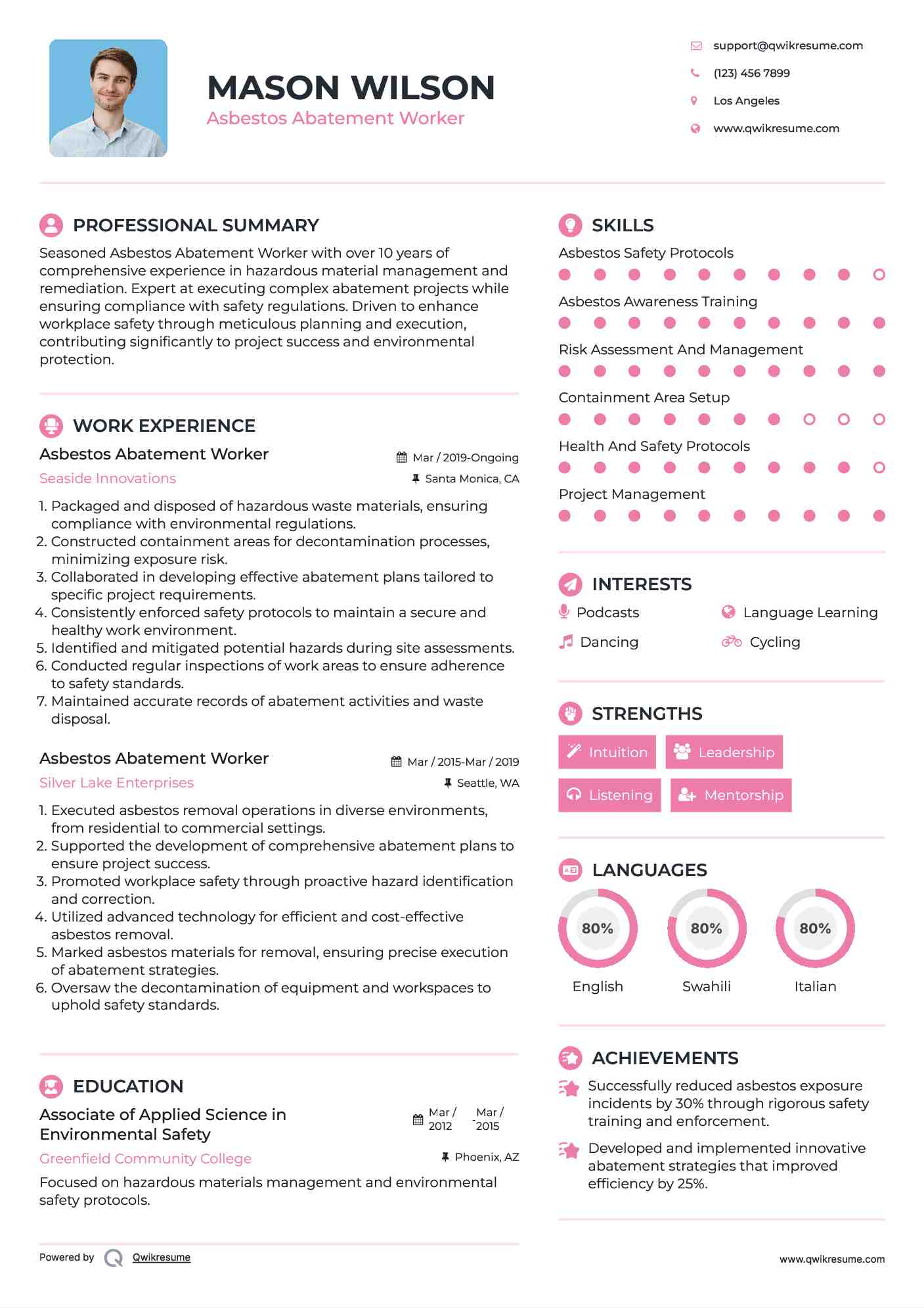 Asbestos Abatement Worker Resume Sample