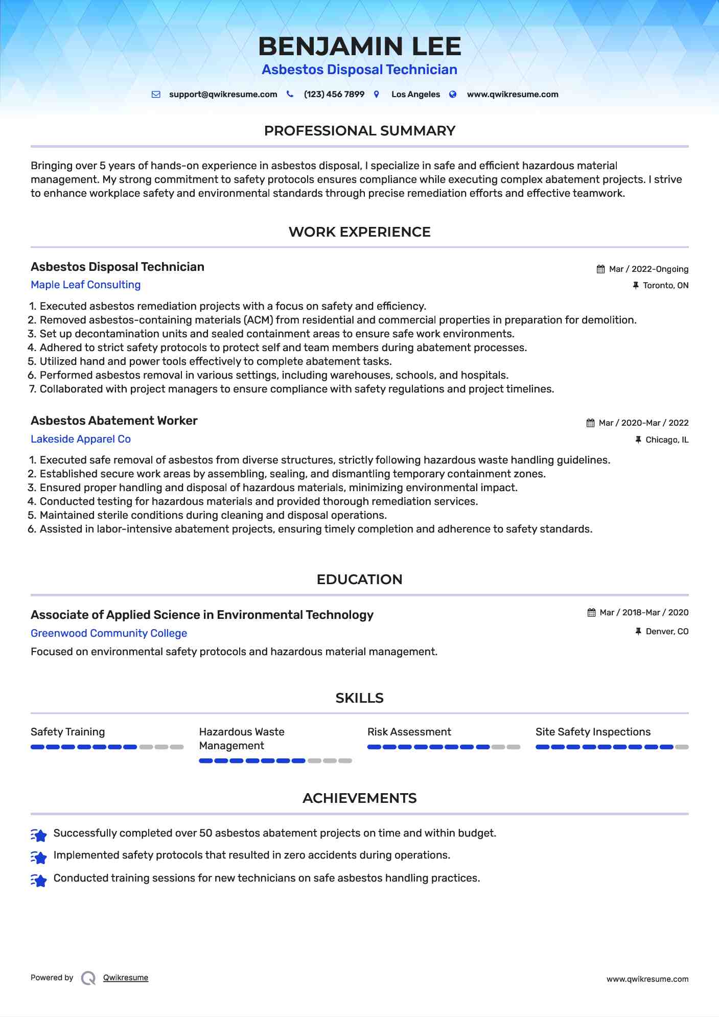 Asbestos Disposal Technician Resume Sample