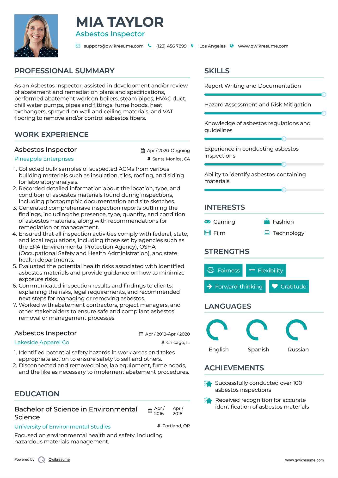 Asbestos Inspector Resume Model