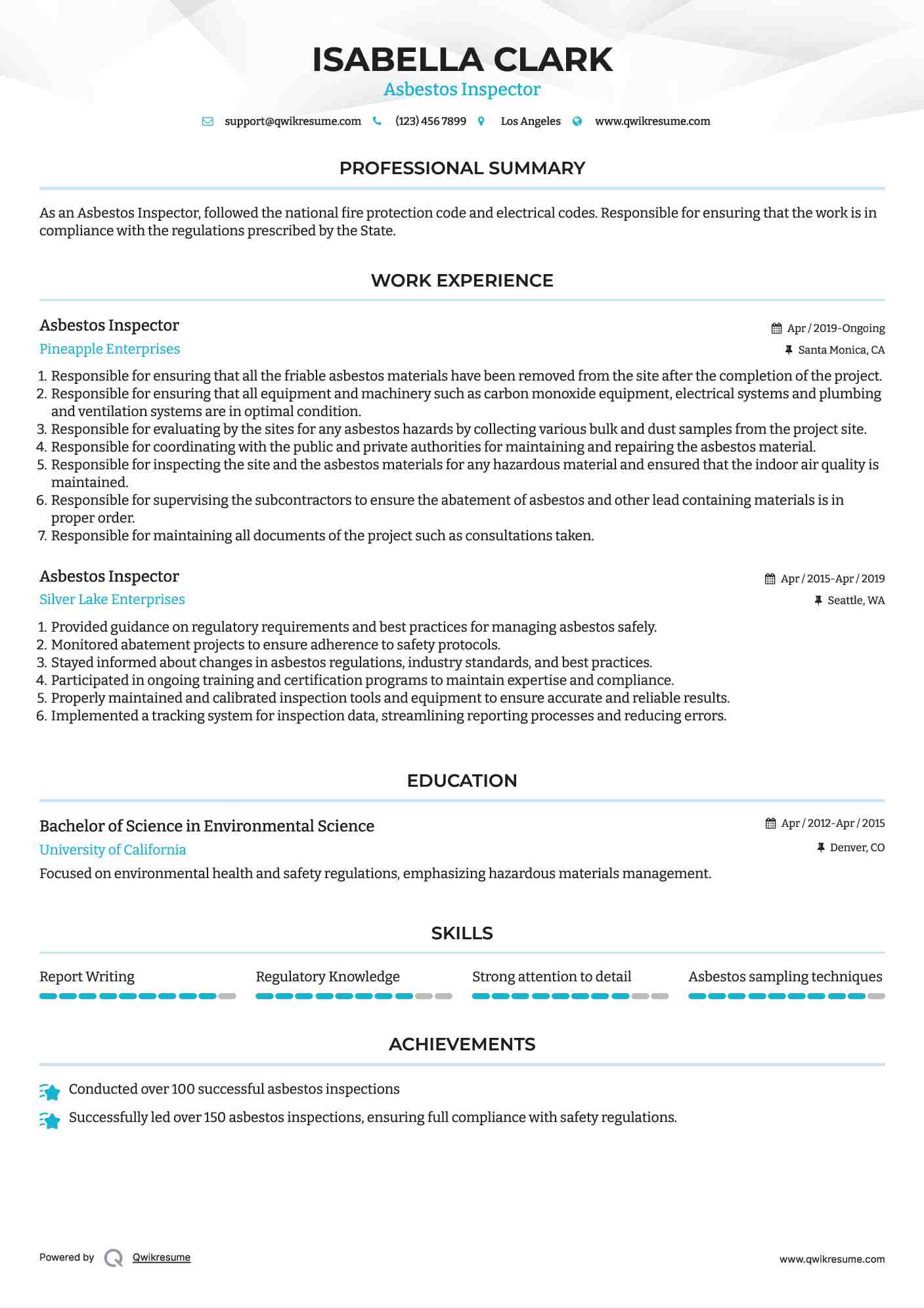 Asbestos Inspector Resume Template