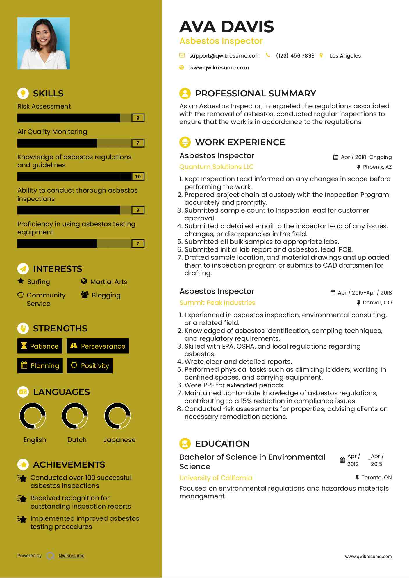 Asbestos Inspector Resume Sample