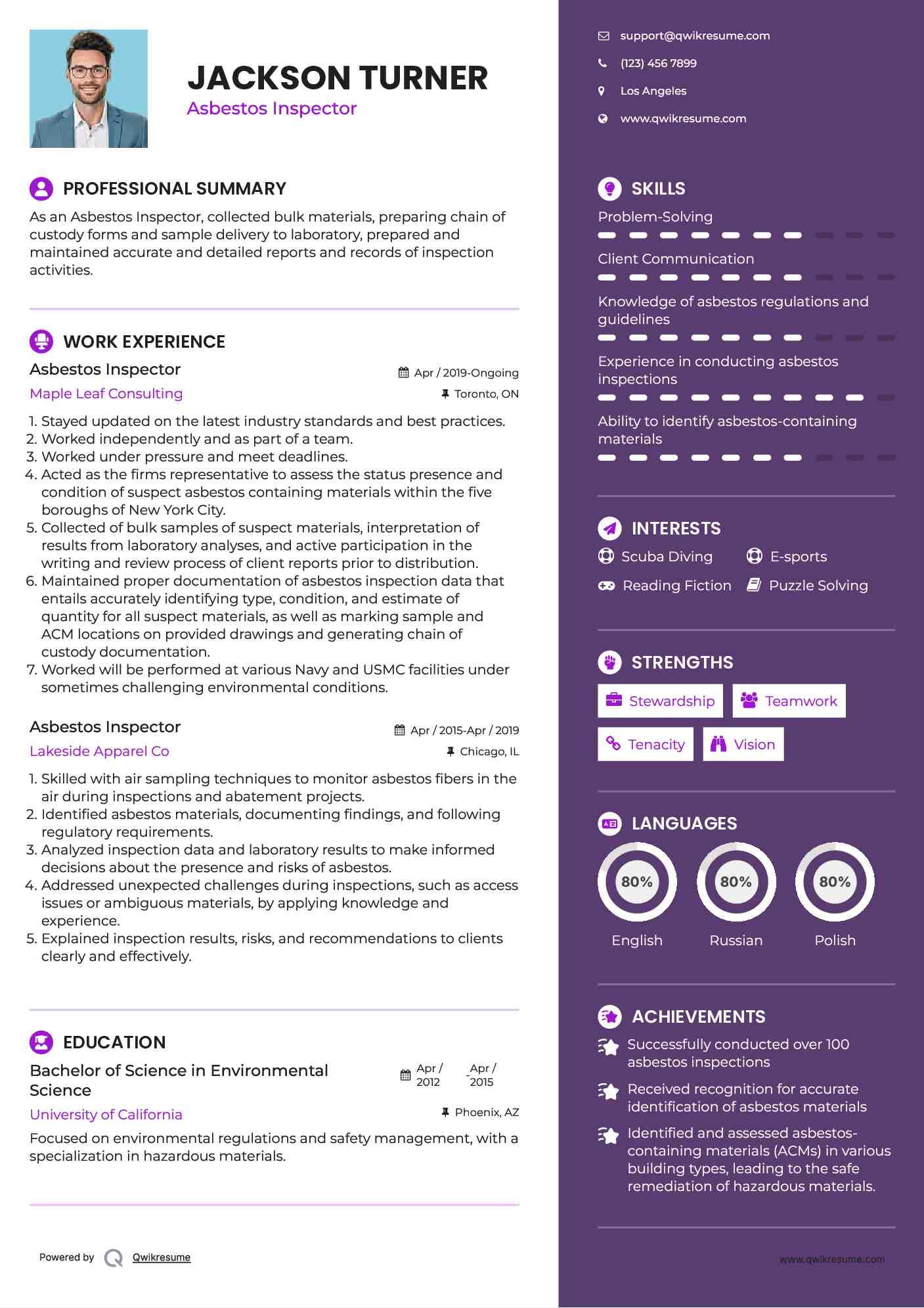 Asbestos Inspector Resume Sample