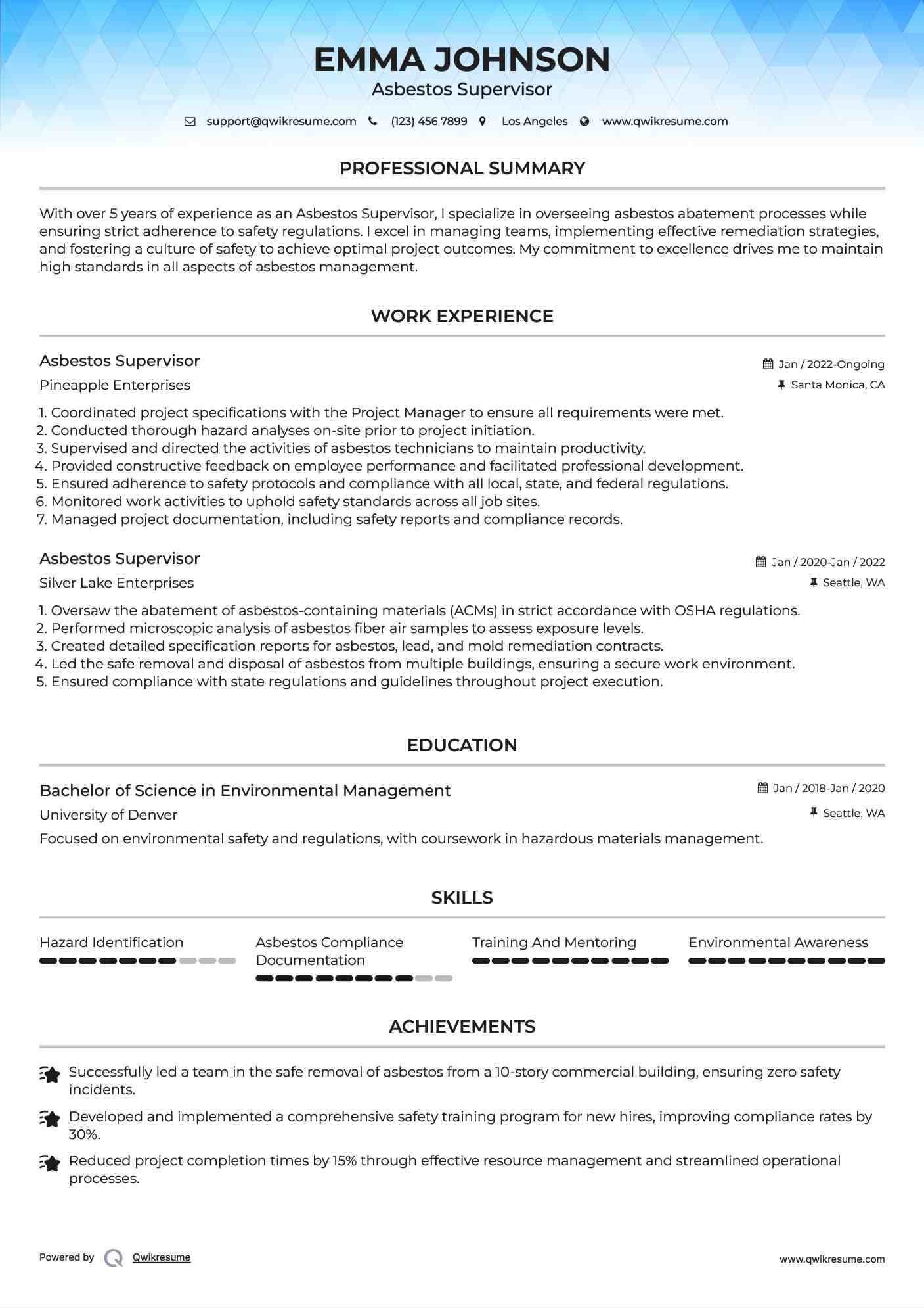Asbestos Supervisor Resume Example