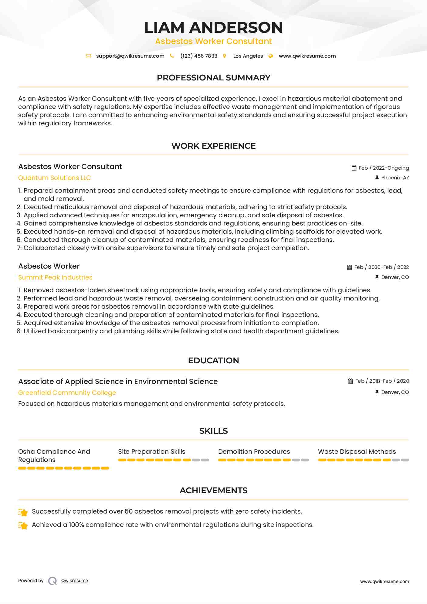 Asbestos Worker Consultant Resume Model
