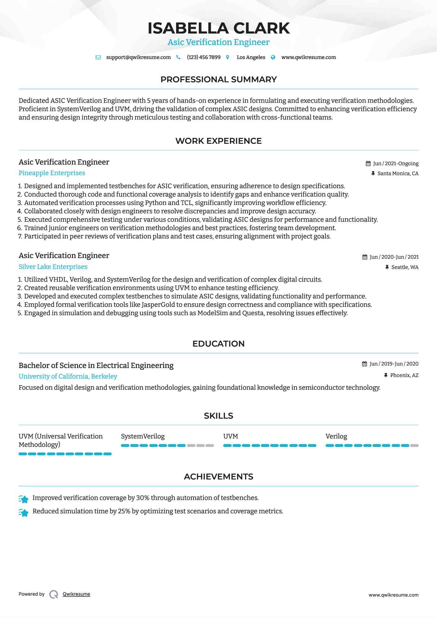 Asic Verification Engineer Resume Example