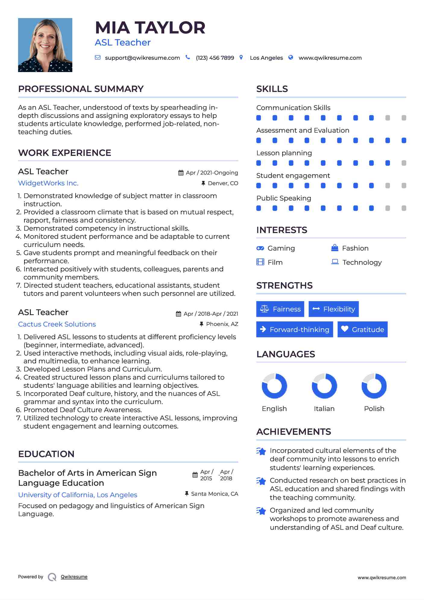 ASL Teacher Resume Model