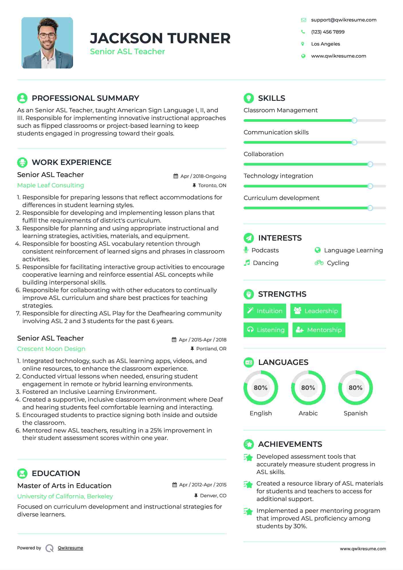 Senior ASL Teacher Resume Format