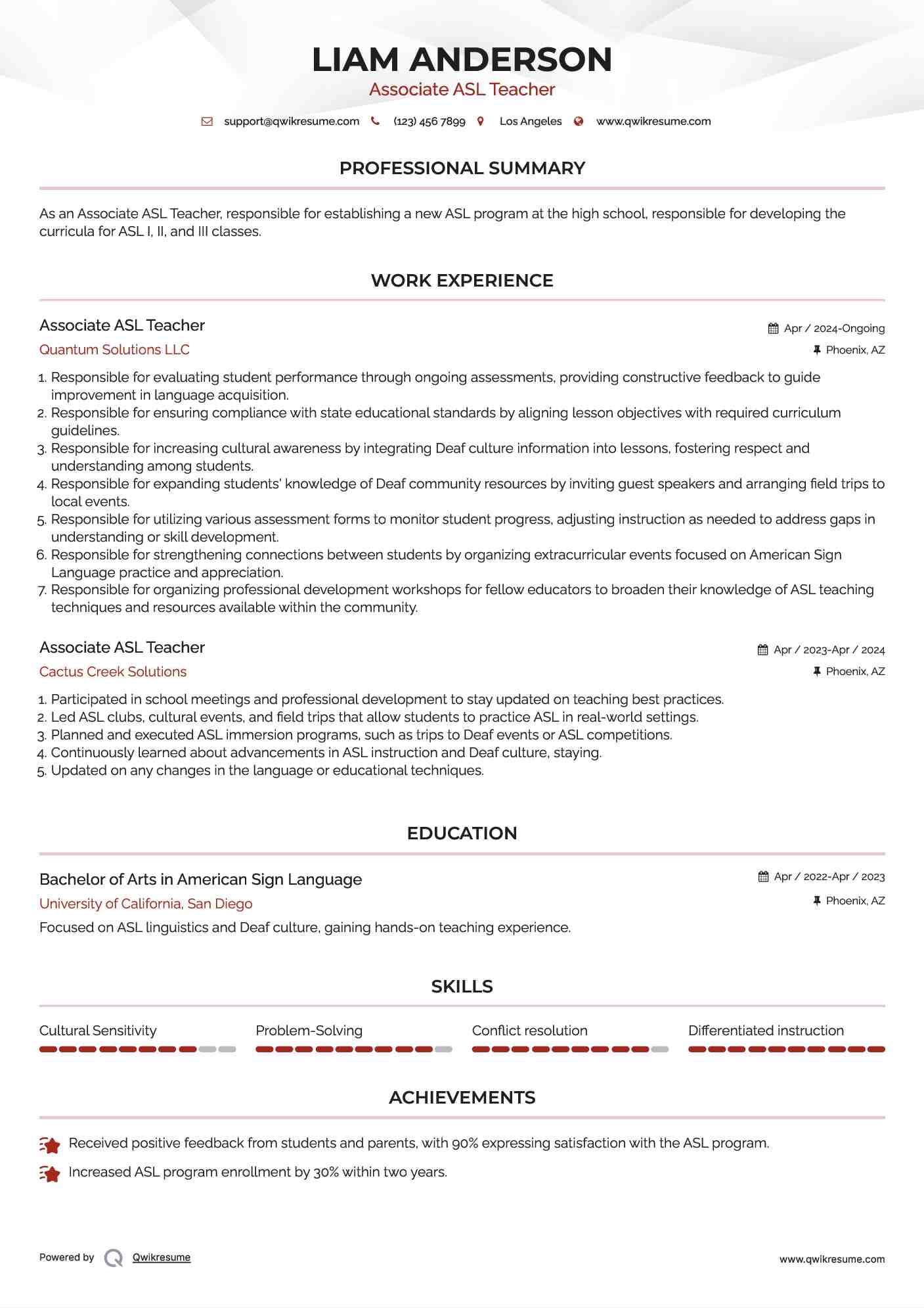Associate ASL Teacher Resume Sample