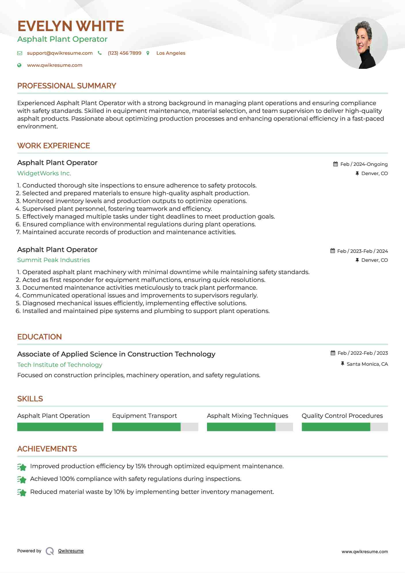 Asphalt Plant Operator Resume Sample
