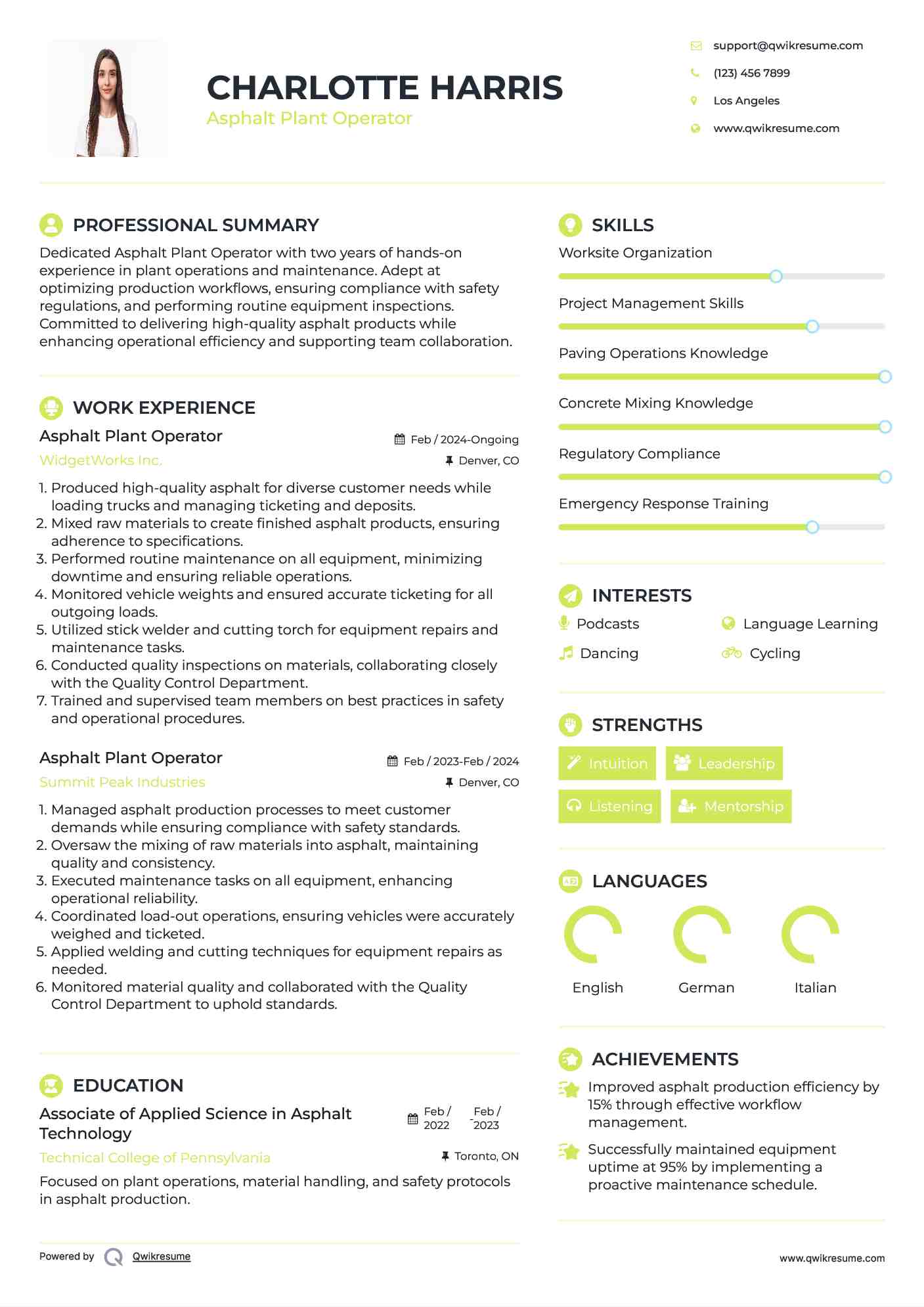 Asphalt Plant Operator Resume Sample