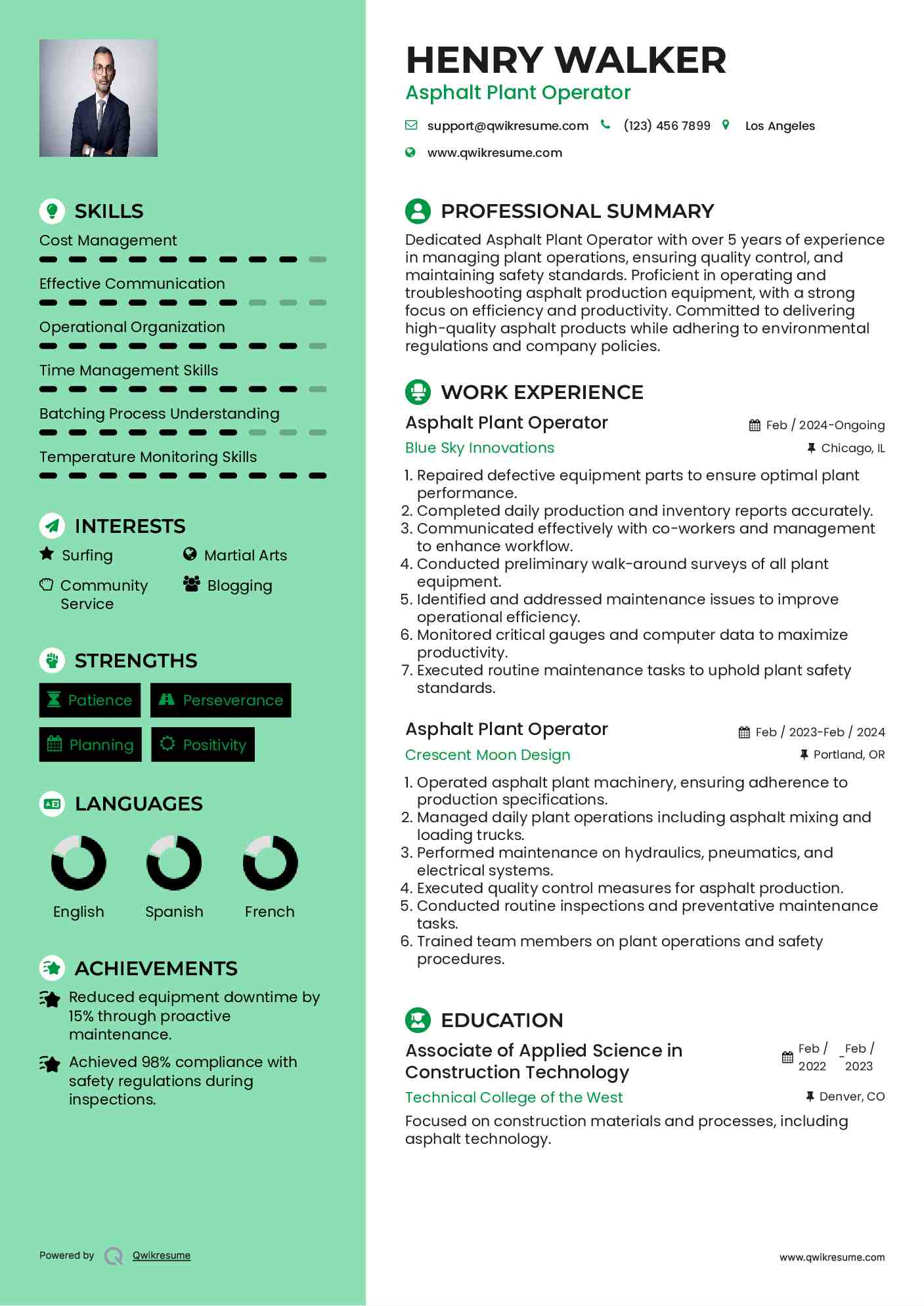 Asphalt Plant Operator Resume Sample