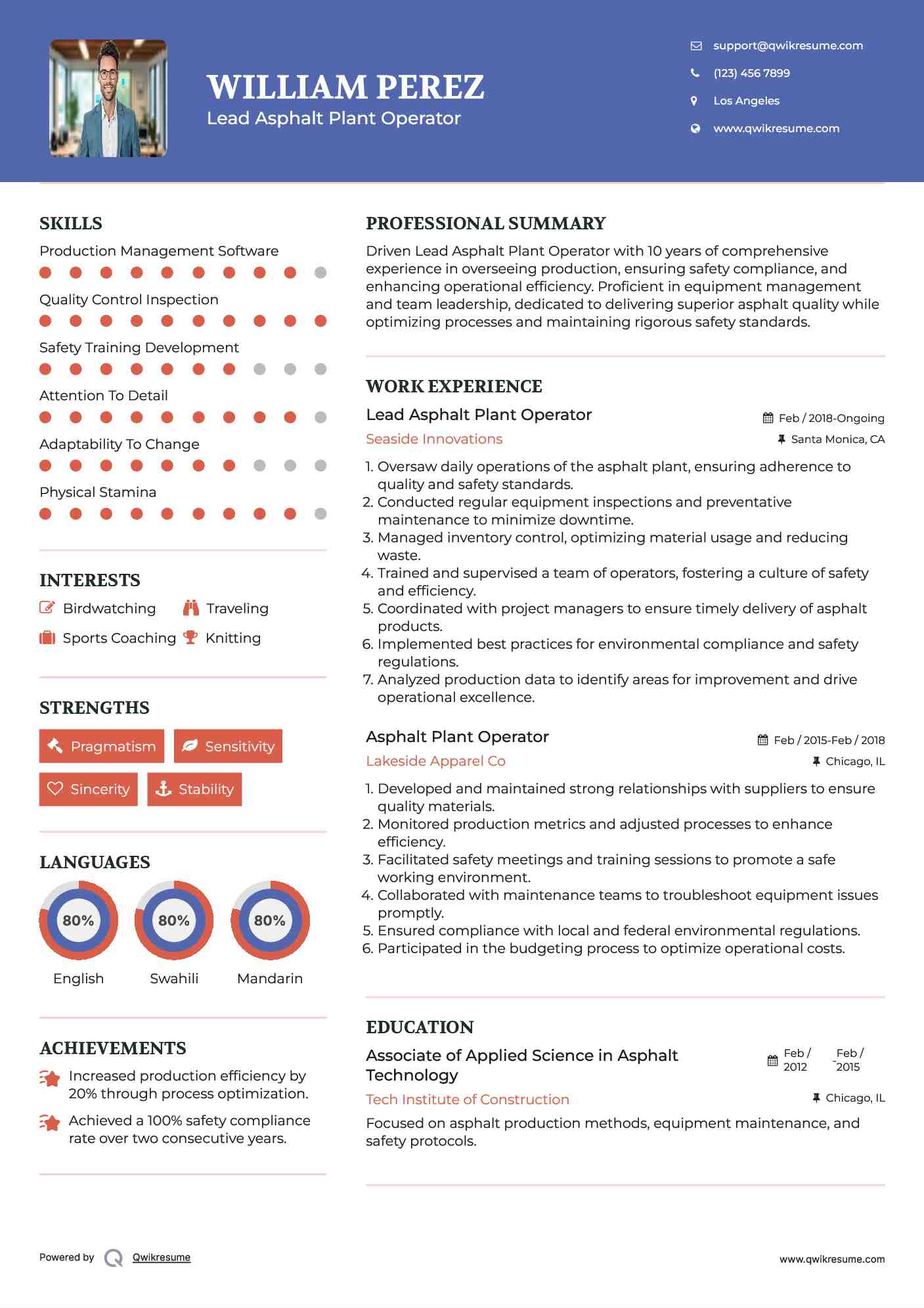 Lead Asphalt Plant Operator Resume Template