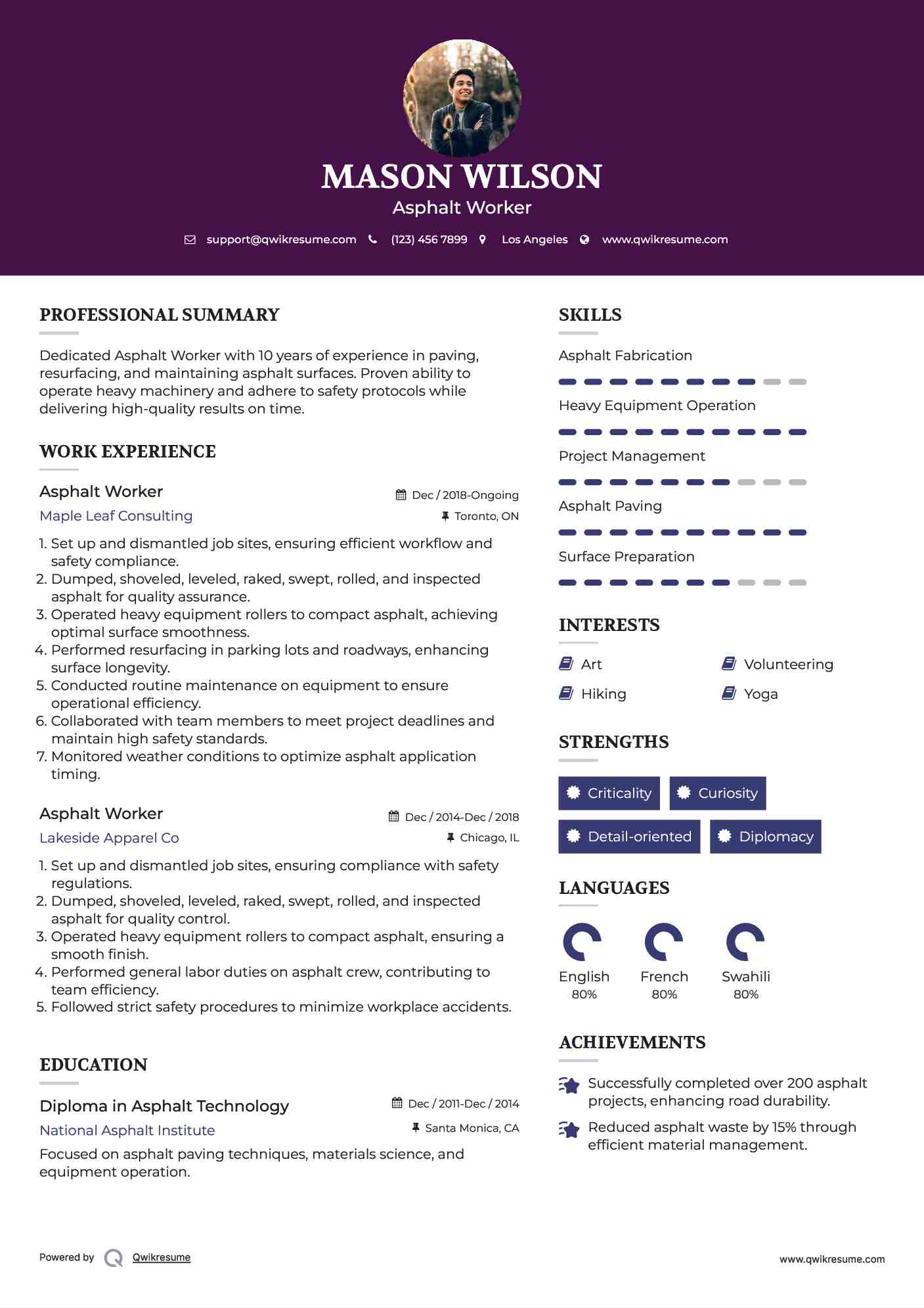 Asphalt Worker Resume Sample