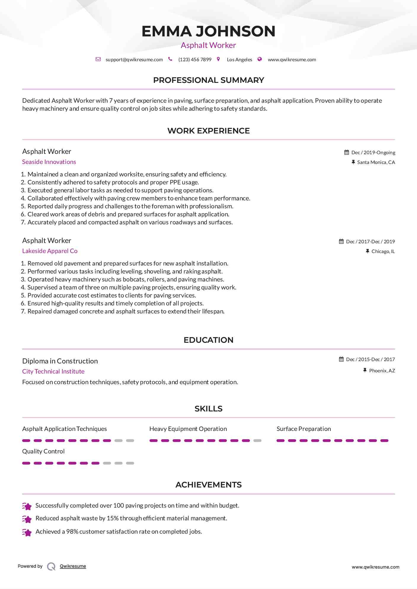 Asphalt Worker Resume Model