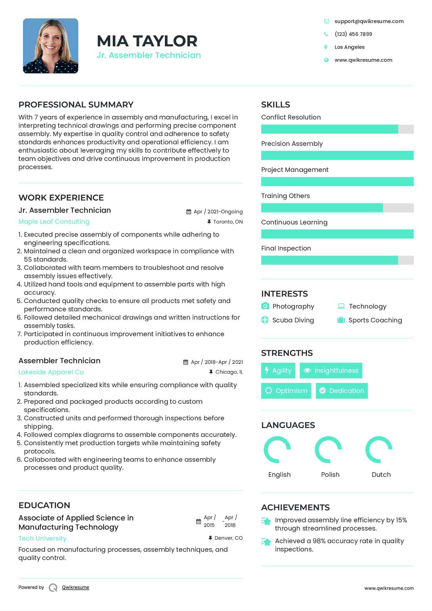 Jr. Assembler Technician Resume Sample