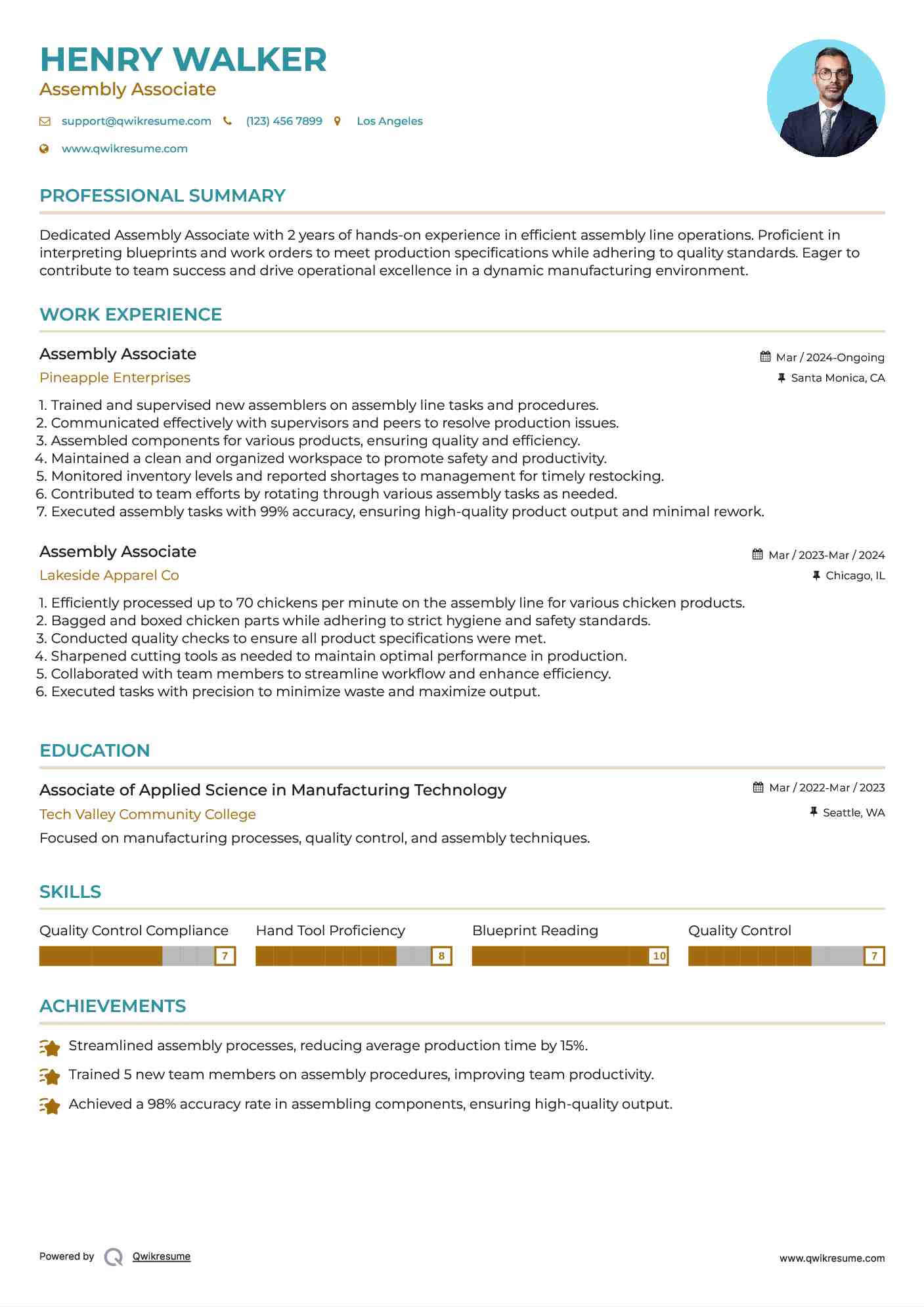 Assembly Associate Resume Sample