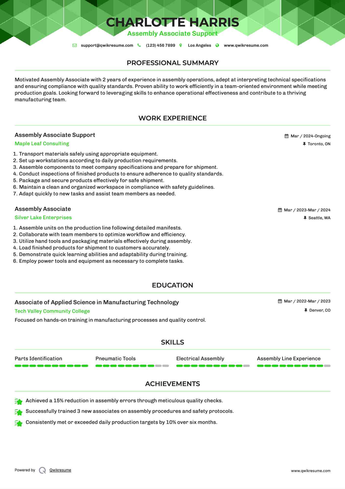 Assembly Associate Support Resume Example