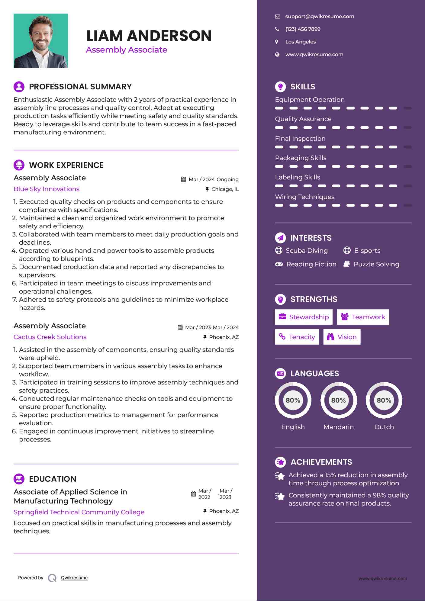 Assembly Associate Resume Sample