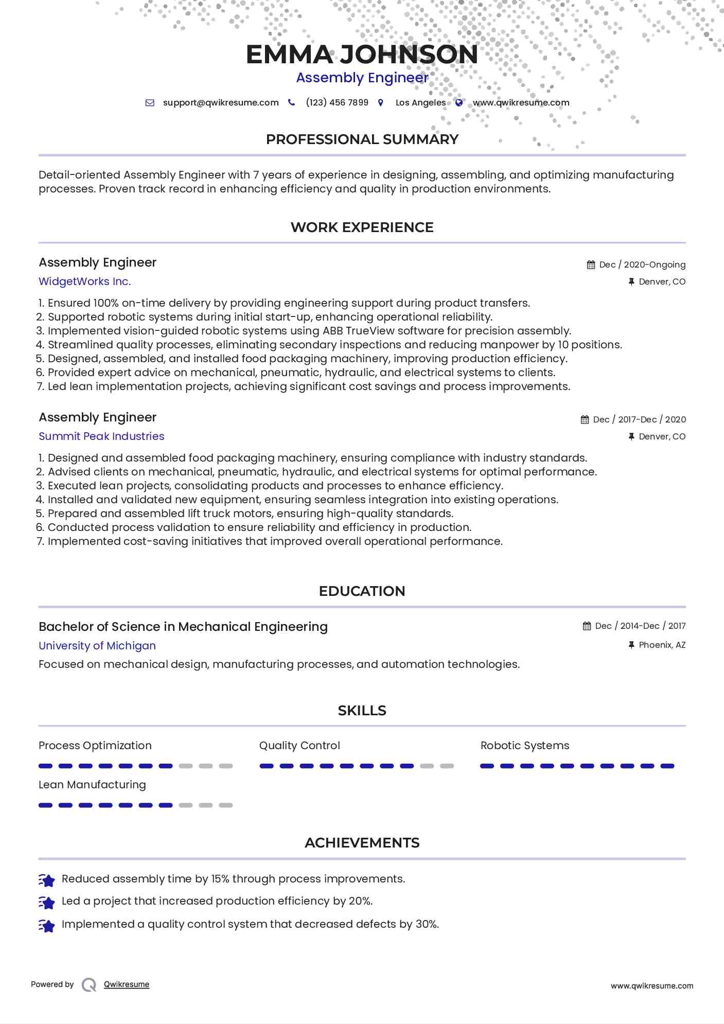 Assembly Engineer Resume Sample