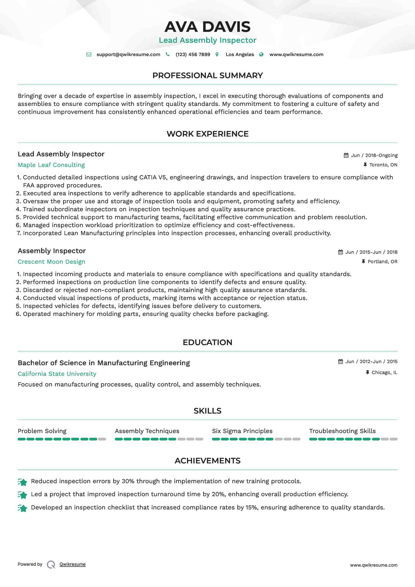 Lead Assembly Inspector Resume Template