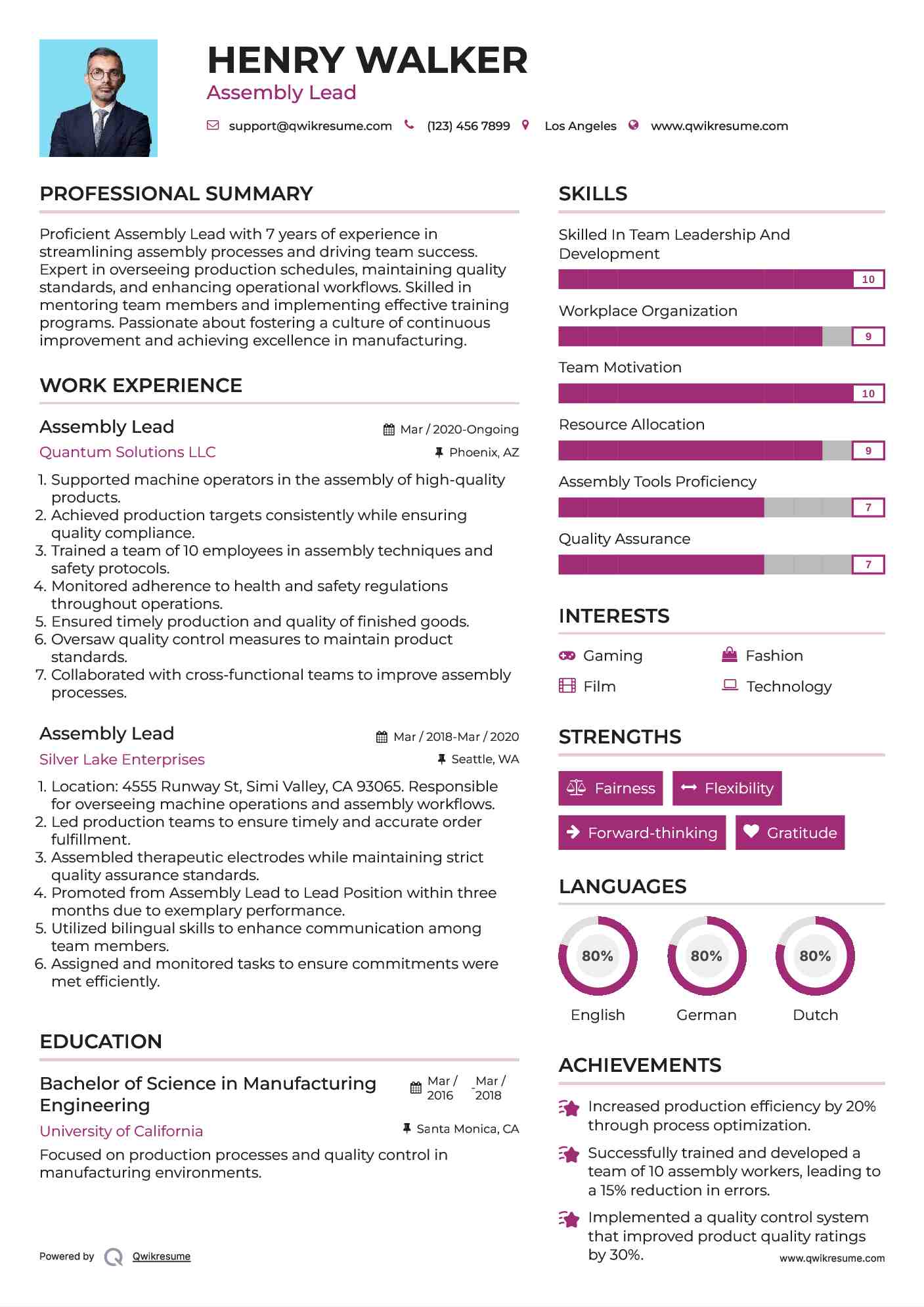 Assembly Lead Resume Example