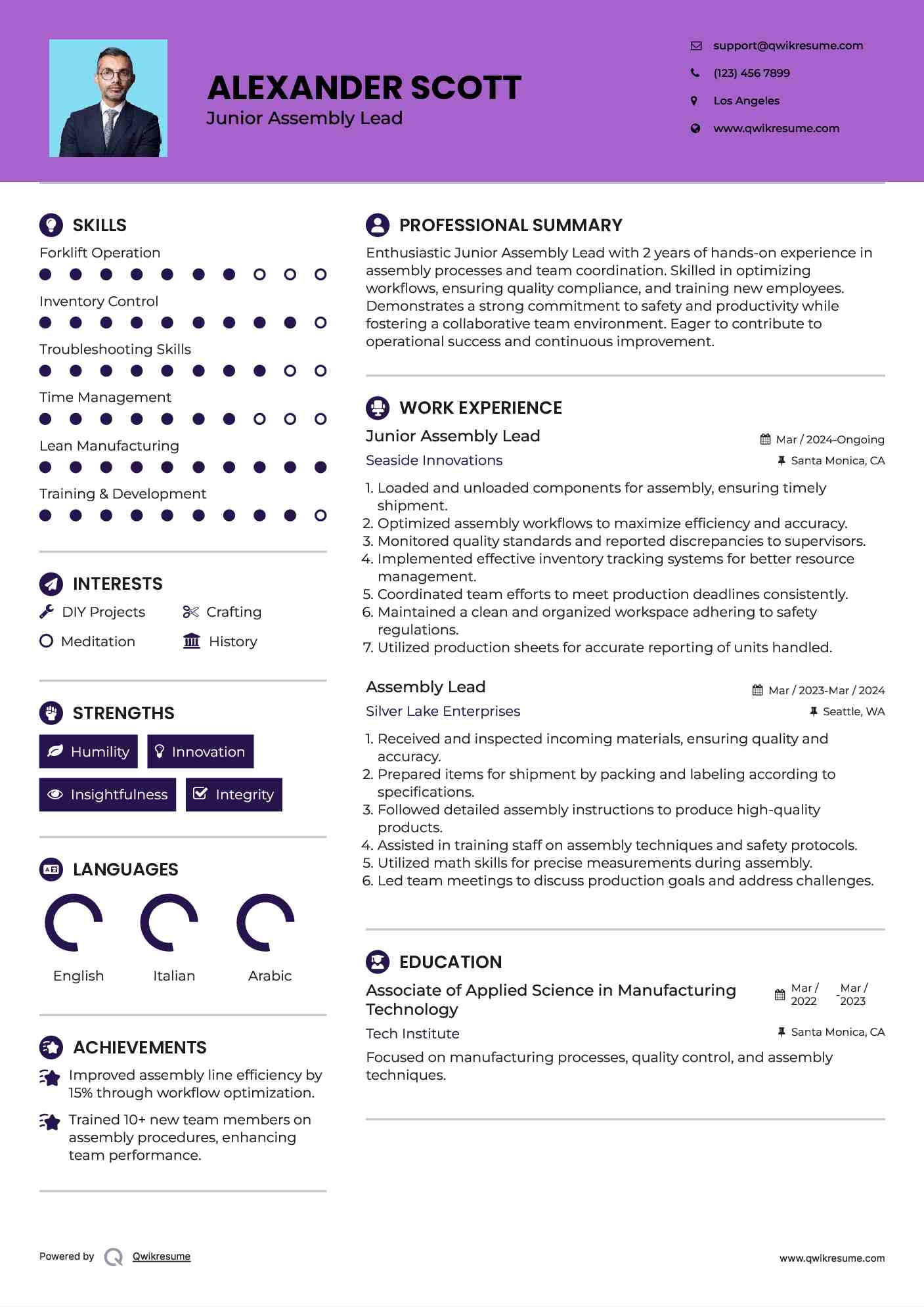 Junior Assembly Lead Resume Sample