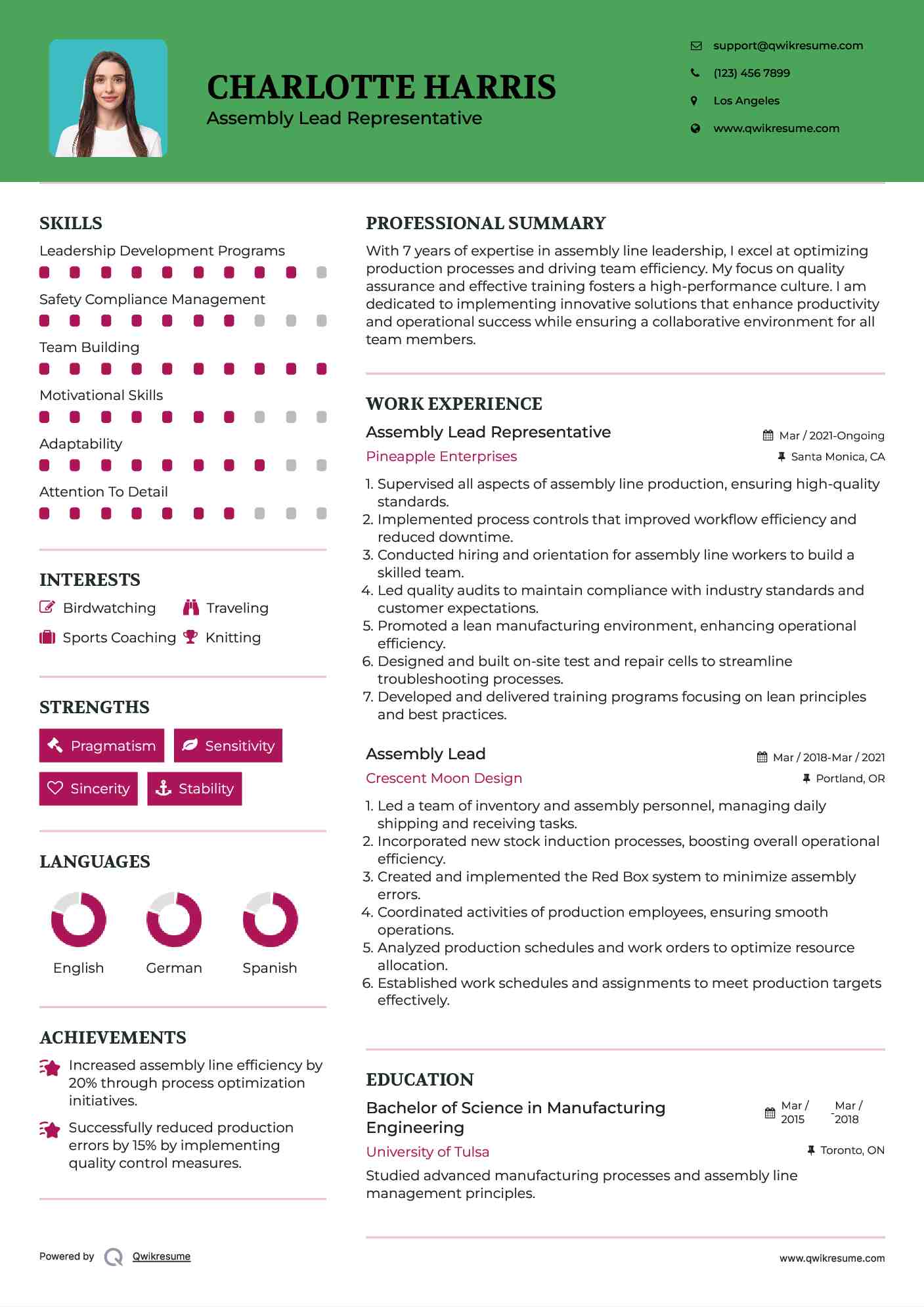 Assembly Lead Representative Resume Model