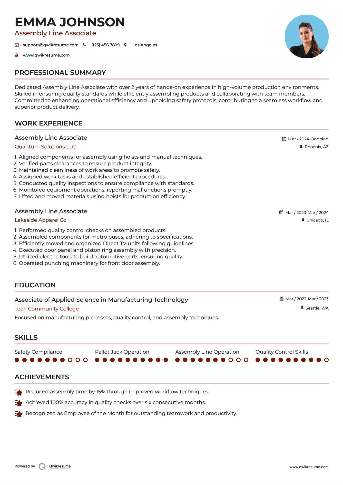 Assembly Line Associate Resume Example
