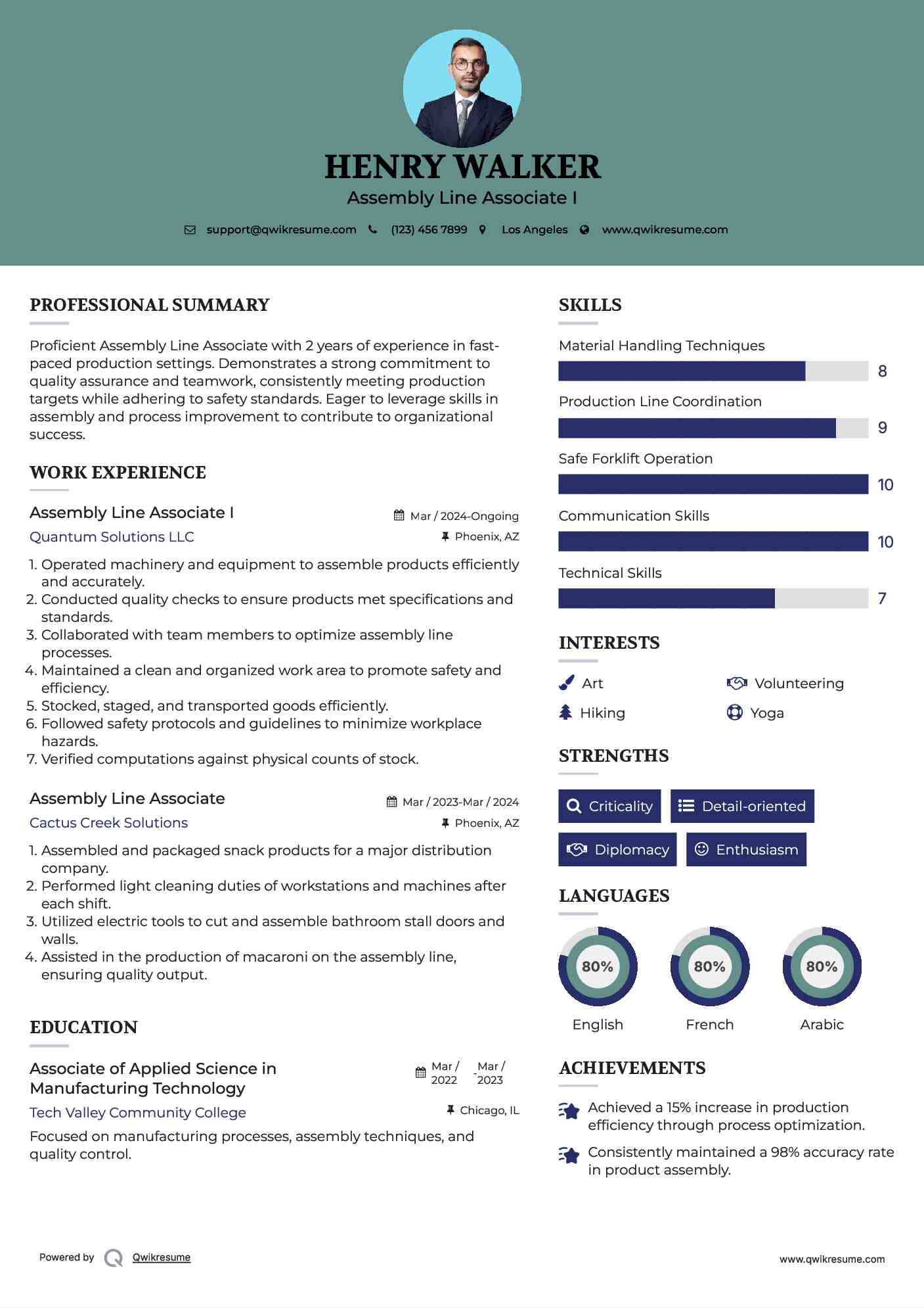 Assembly Line Associate I Resume Example
