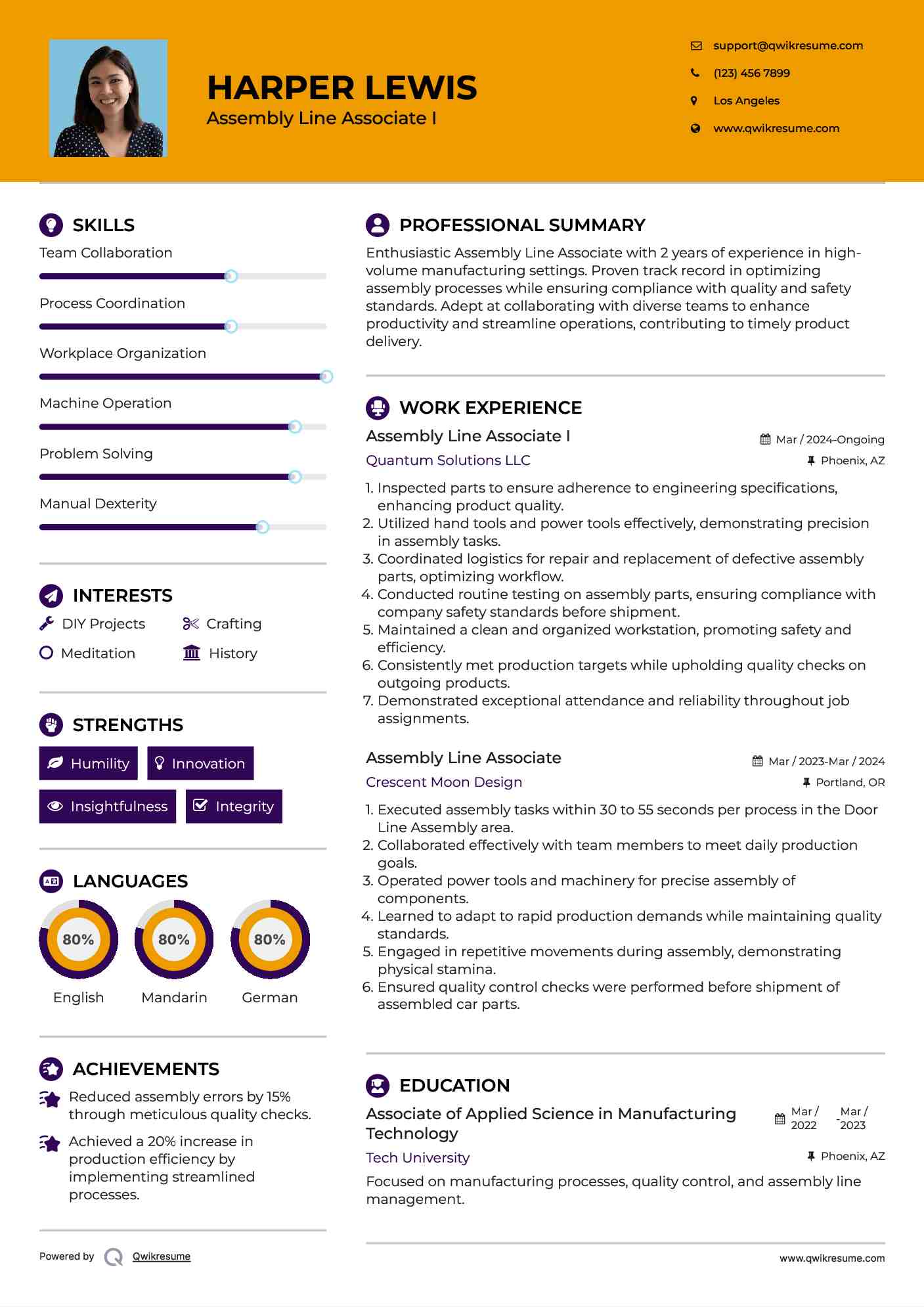 Assembly Line Associate I Resume Sample