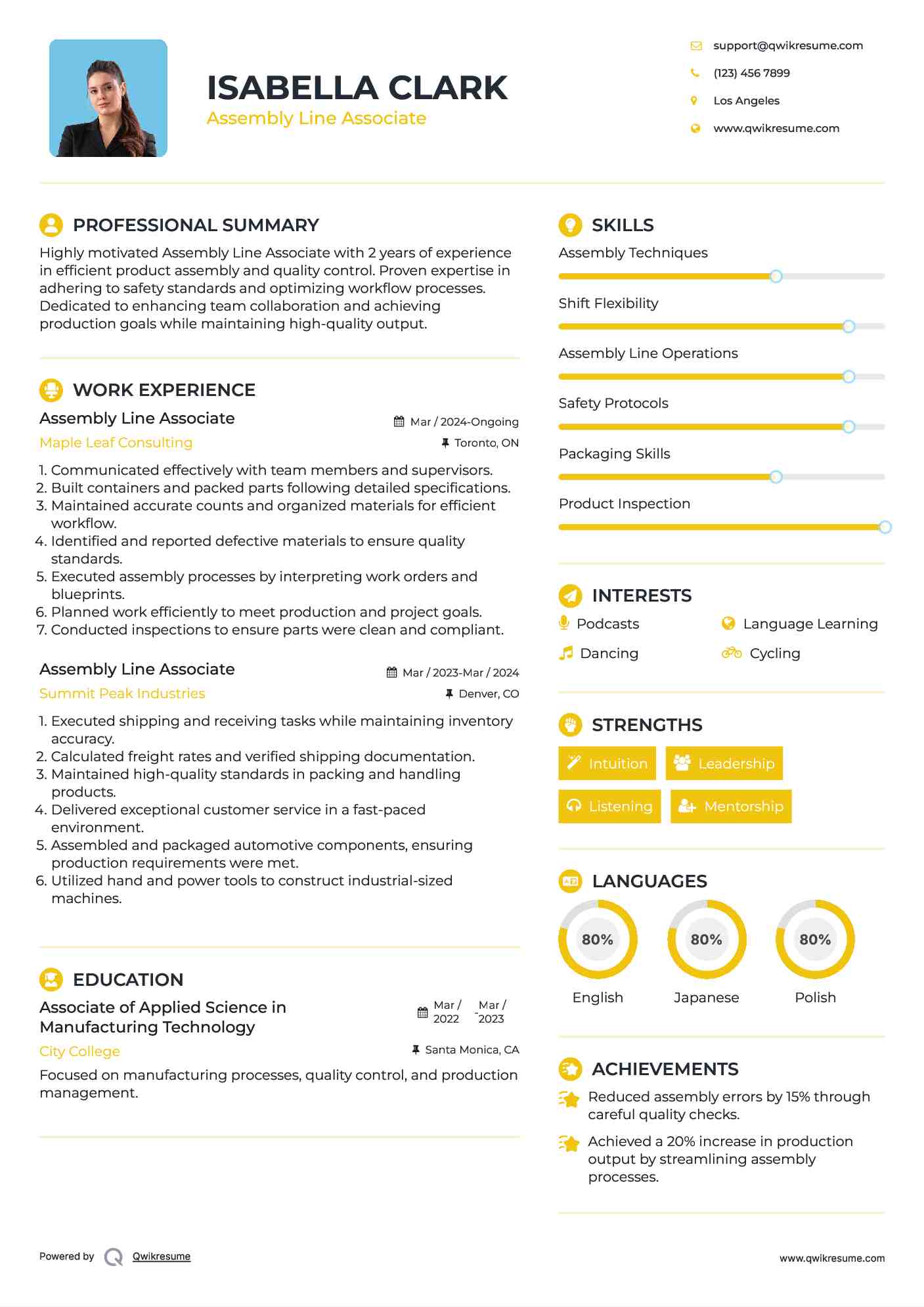 Assembly Line Associate Resume Sample