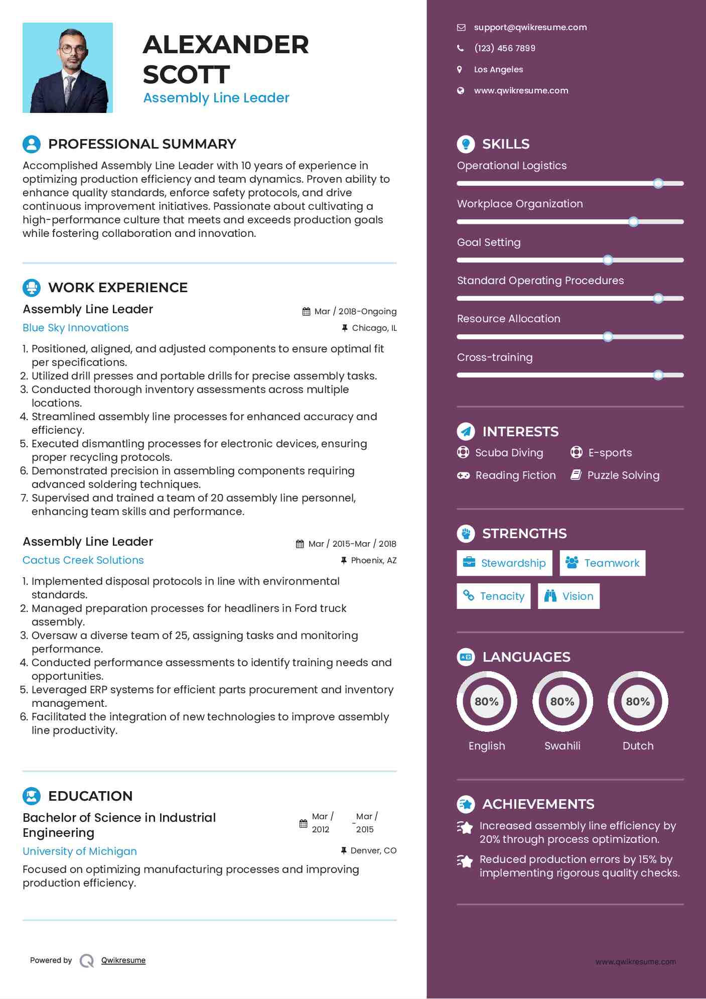 Assembly Line Leader Resume Sample