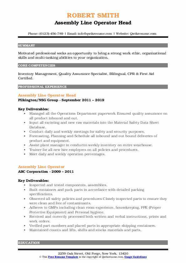 Assembly Line Operator Resume Samples QwikResume